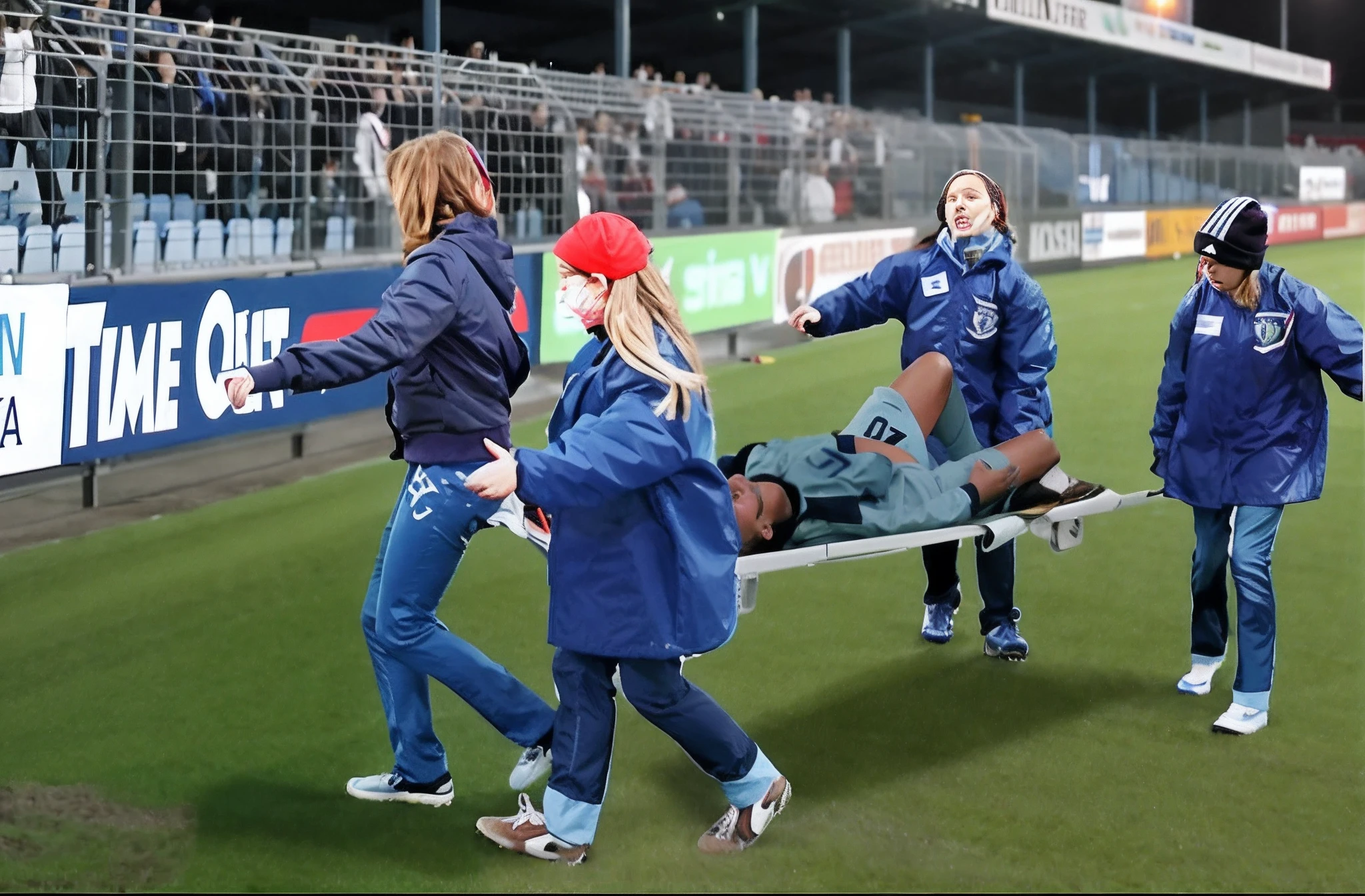 four schoolgirls in blue plastic coats without facemasks are carrying a stretcher and are horrified looking and screaming in shock, young school girls in blue plastic coats without facemasks carry a stretcher in a football stadium, on the stretcher horizontally lies one injured male soccer player with a painful abdominal bruise, mercy pose, theatrical caring pose, a soccer player in dull light blue sportswear lies on a stretcher with his legs slightly bent and his face contorted in pain