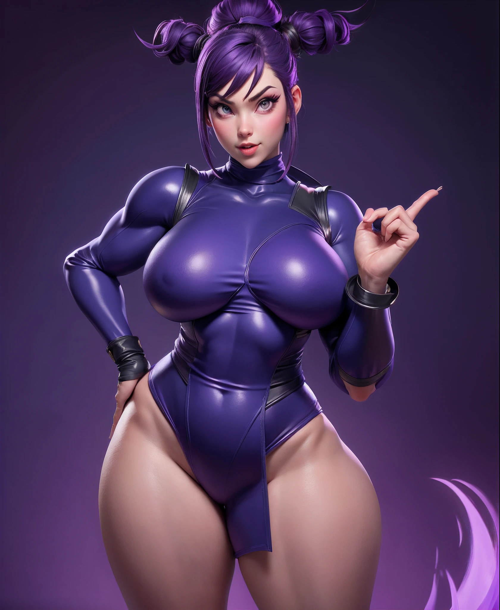 1fille, Juri Han de Street Fighter, gros seins, grande largeur, Largeur gigantesque, ABS, seulement, crop top noir, regardant le spectateur, fond bleu, The city in the background of the fire, two side up, yeux violets, muscles, minora, fang, Haut du corps, Artgerm, nez, 8k,