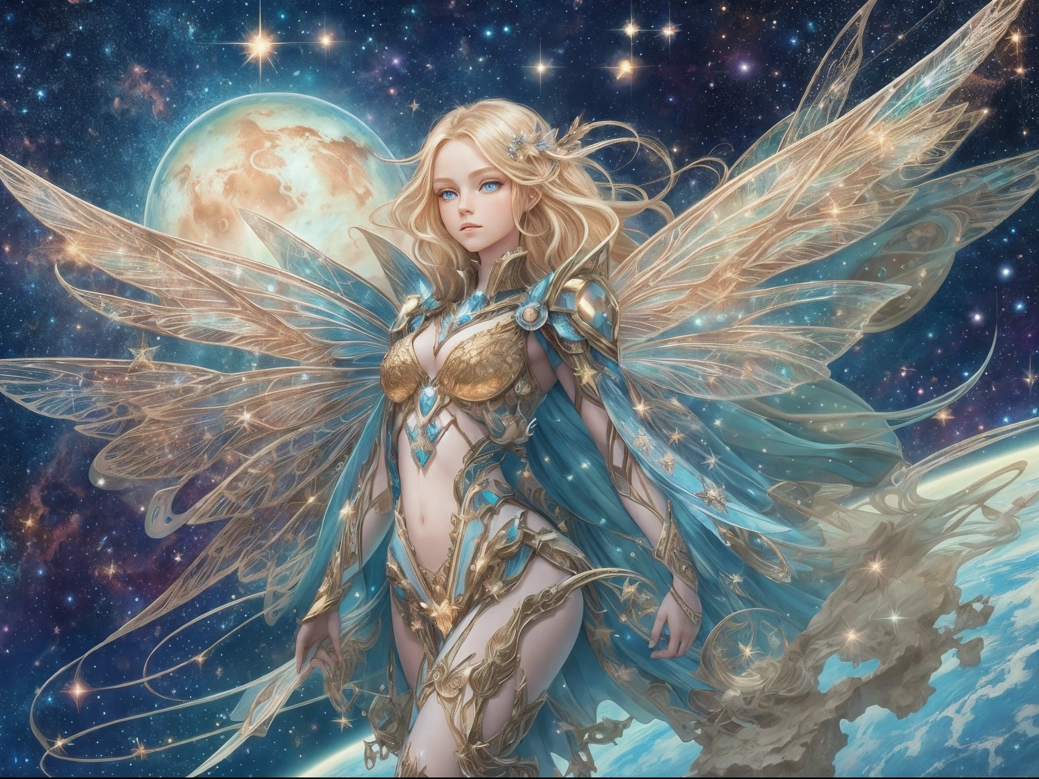 there is an illustration of a fairy with mecha parts fairy_wings floating on Mars looking into space seeing the vast of stars and space, full body shot, blond hair, long hair, blue eyes, ultra detailed face, space and stars as background, sense of infinity,