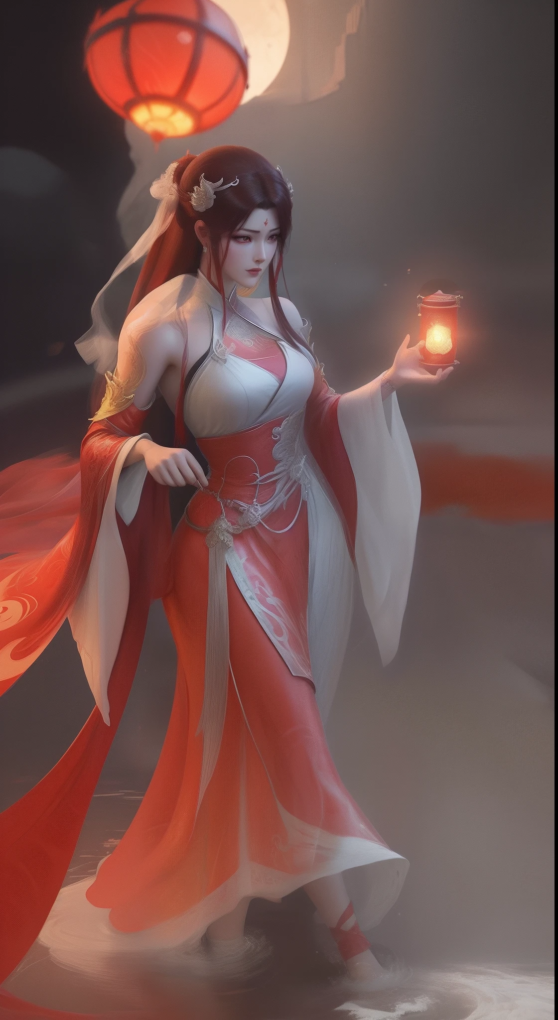 An Arad woman in a red dress walks in the river carrying a lantern, full-body xianxia, inspired by Park Hua, by Yang J, Inspired by Lan Ying, Extremely detailed Artgerm, inspired by Du Qiong, inspired by Ju Lian, art-style, Ruan Jia and Artgerm, lunar themed attire