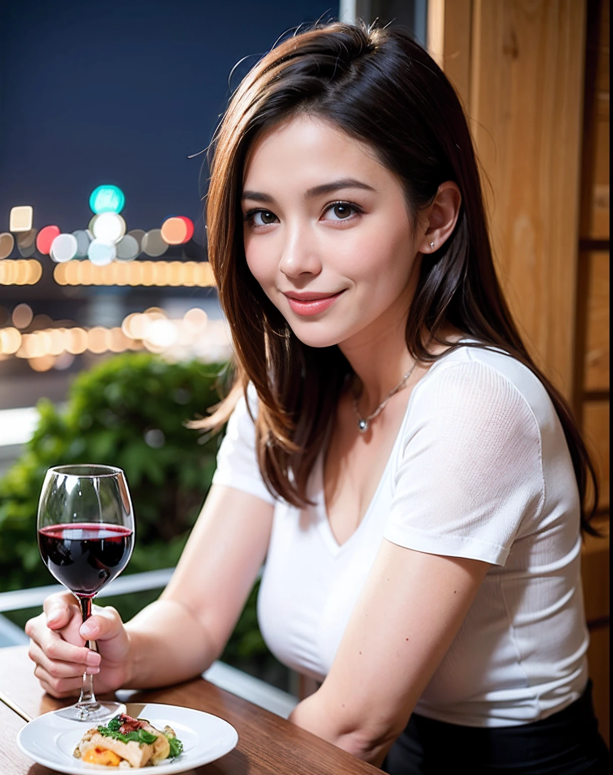 (64K, UHD, top quality, masterpiece: 1.2), (realistic, photorealistic: 1.37), super detailed, pretty woman 1 person, (slim face), (slim body), (brown hair), (short cut), cheeks slightly blushing, (44 years old), 38 years old, solo, beautiful detailed urban night view outside the window, restaurant, wine glasses sit, at night, in a prominent placeNovaFrogStyle, Actress, Model, Waist Up, White Wine, Slim, Wine Glass, Super Clean Night View, Wine Glass Put in the Middle, Happy Smile, (Smile: 1.15), Beautiful Fine Eyes, Upper Body, Bust Japan Up, Night, Short, Short, Actress, Model, Waist Up, White Wine, Slim, Wine Glass, Super Clean Night View, Wine Glass Put in the Middle, Happy Smile,