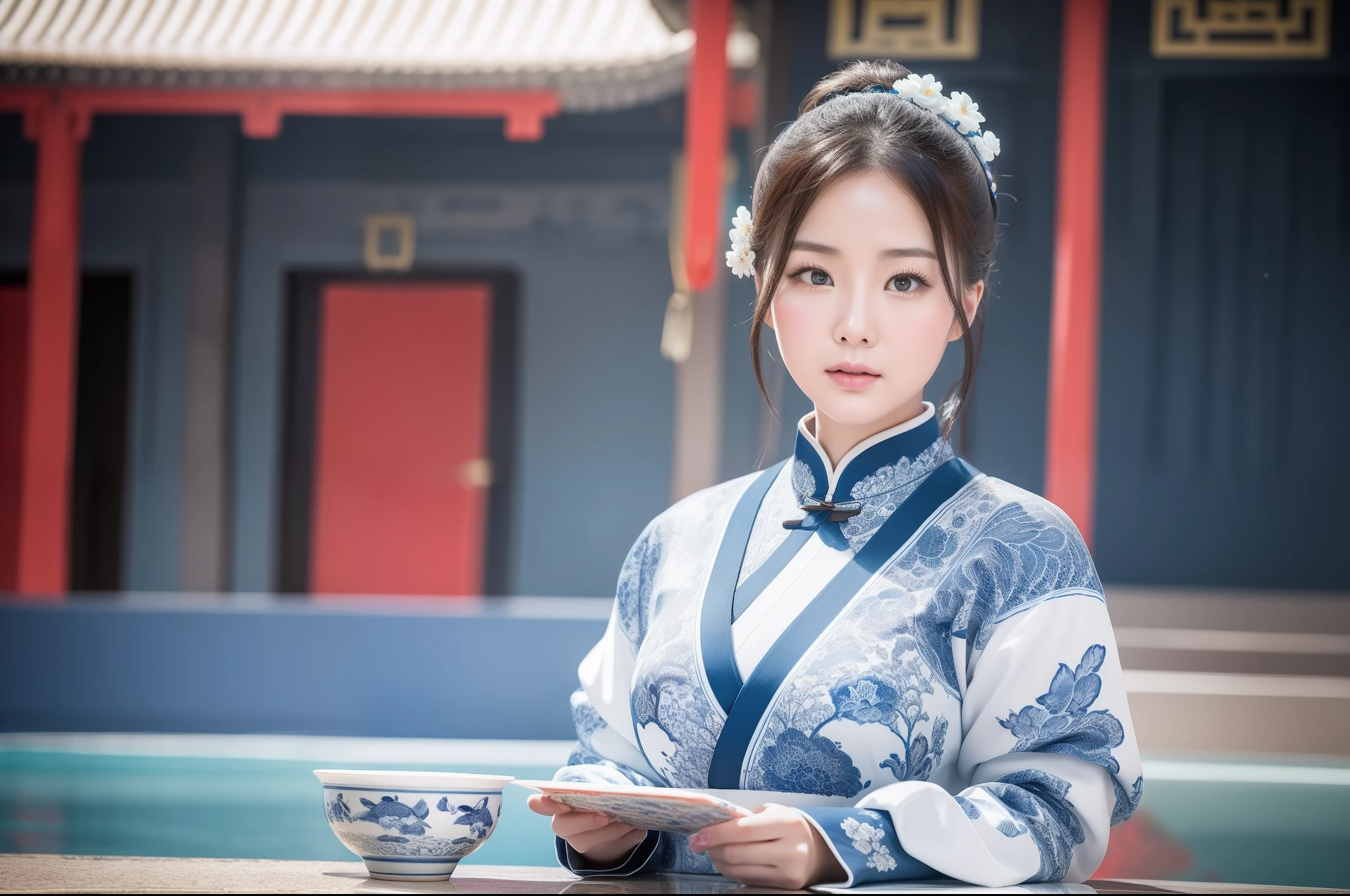 China-style,Oil paints,(Blue and white porcelain style:1.4),(hanfugirl:1.5),ancient china art style,Ancient buildings,Beautiful chubby asian woman in Call of Duty style, , Photos taken with a Canon EOS R5 DSLR camera, Cinematic lighting, Ultra photo realsisim, Intricate details, Her face is delicate