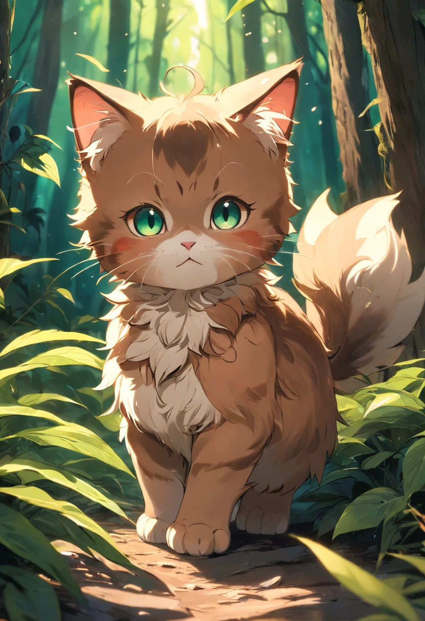 A brown kitten ,Huge plants, ((cheerfulness)) ((tmasterpiece)) Ultra HD and ultra resolution in the forest