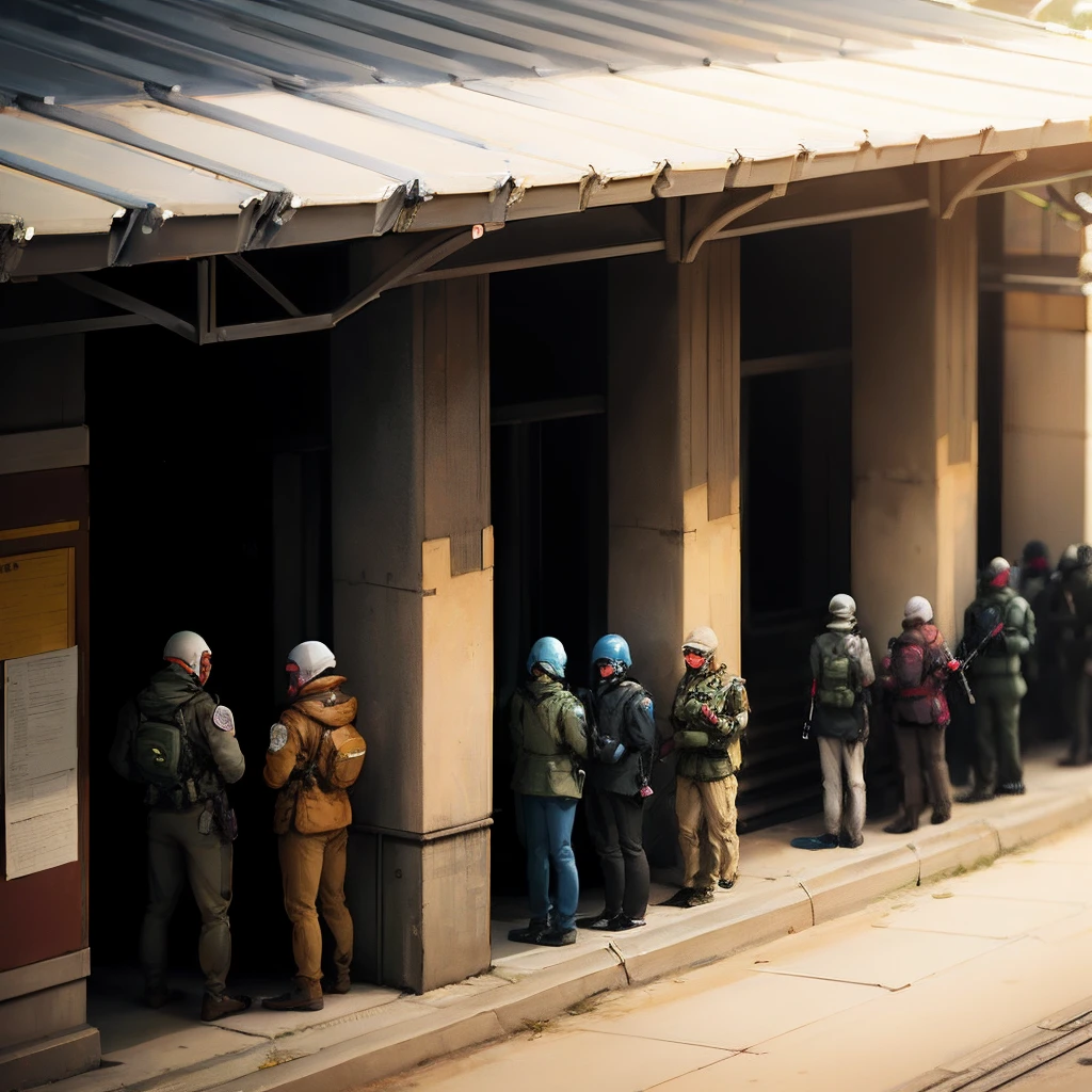 A team of Gundam troops,The first one or two are a man and a woman Gundam,Walk in line under the sun