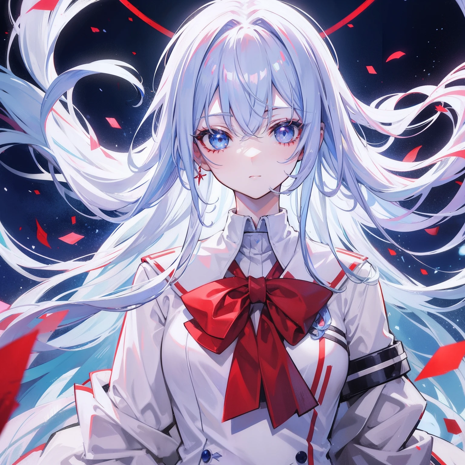 White-blue hair, scarlet pupils, Medusa wearing a school uniform