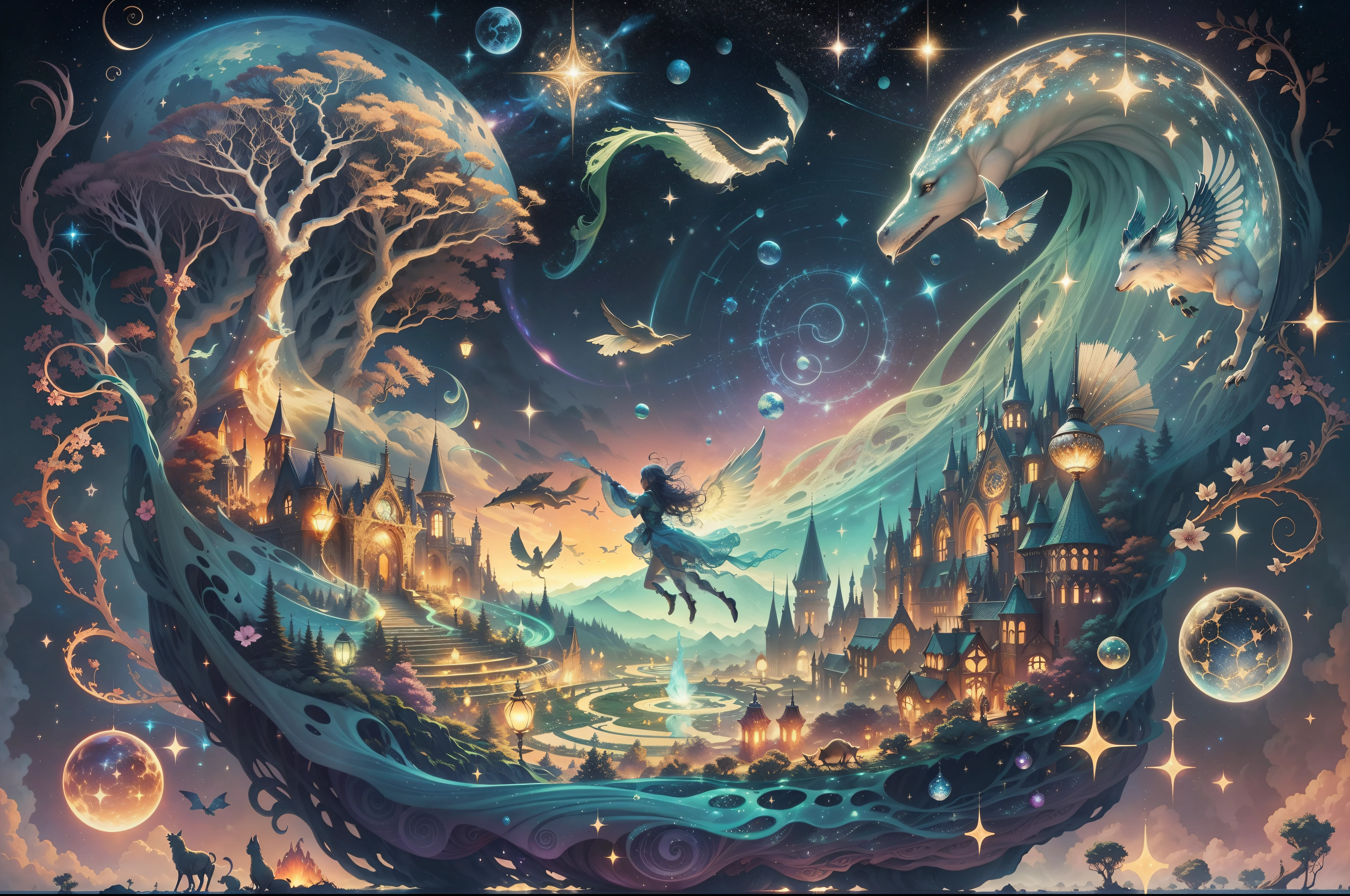 Draw a beautiful world of dreams, magic, and unknown possibilities. Glittering creatures dance high in the sky, sparkling with constellations and galaxies, as incredible creatures beckon you on an adventure. Please create a design that conveys the feeling that this book is a mystical story interwoven with enchanting landscapes. We are looking for works that give the impression that the magic of fantasy is condensed into a single cover. Each creature has its own uniqueness, and its appearance and abilities are so attractive that they seem to deviate from the book and jump out of the book.