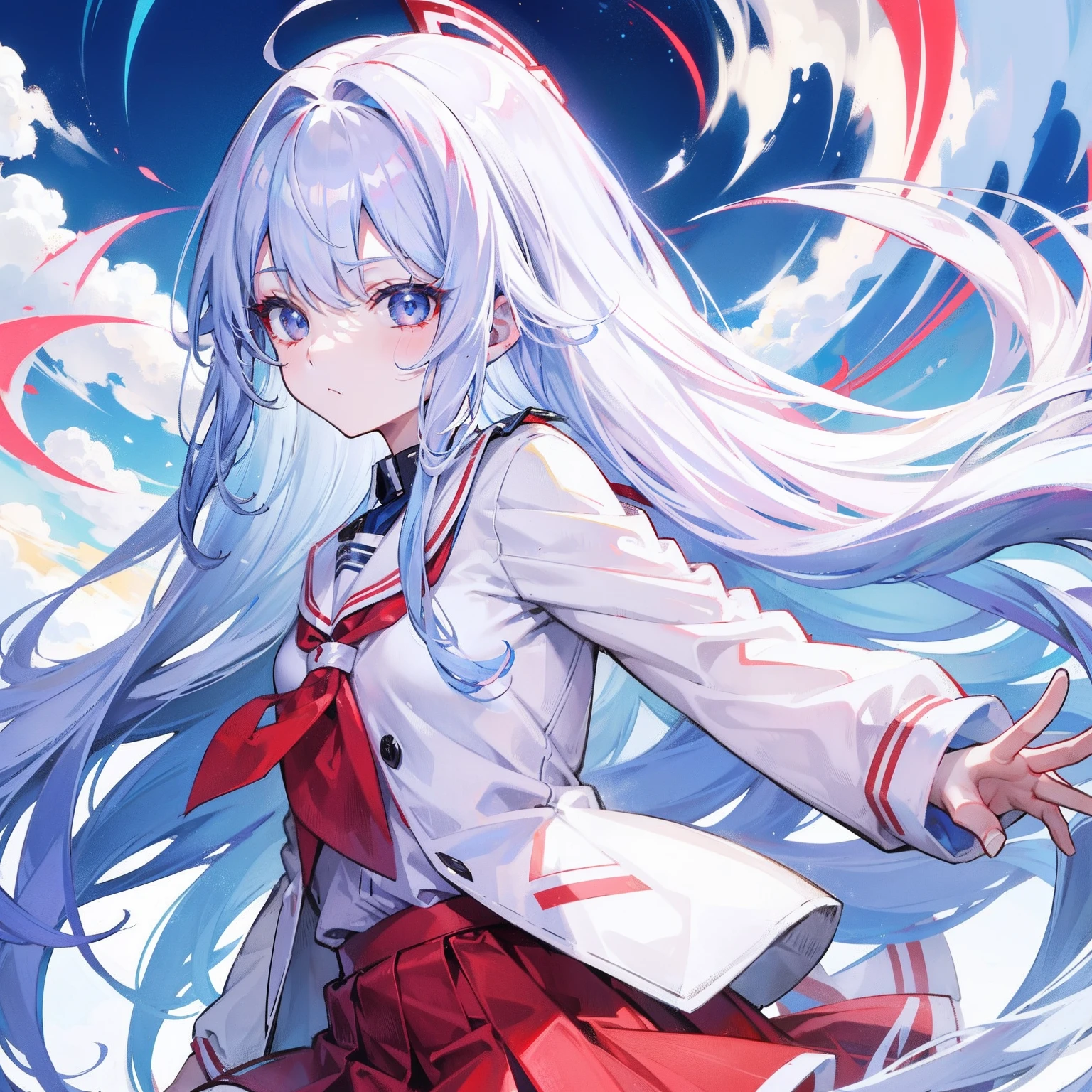White-blue hair, Scarlet pupils, Medusa in school uniform