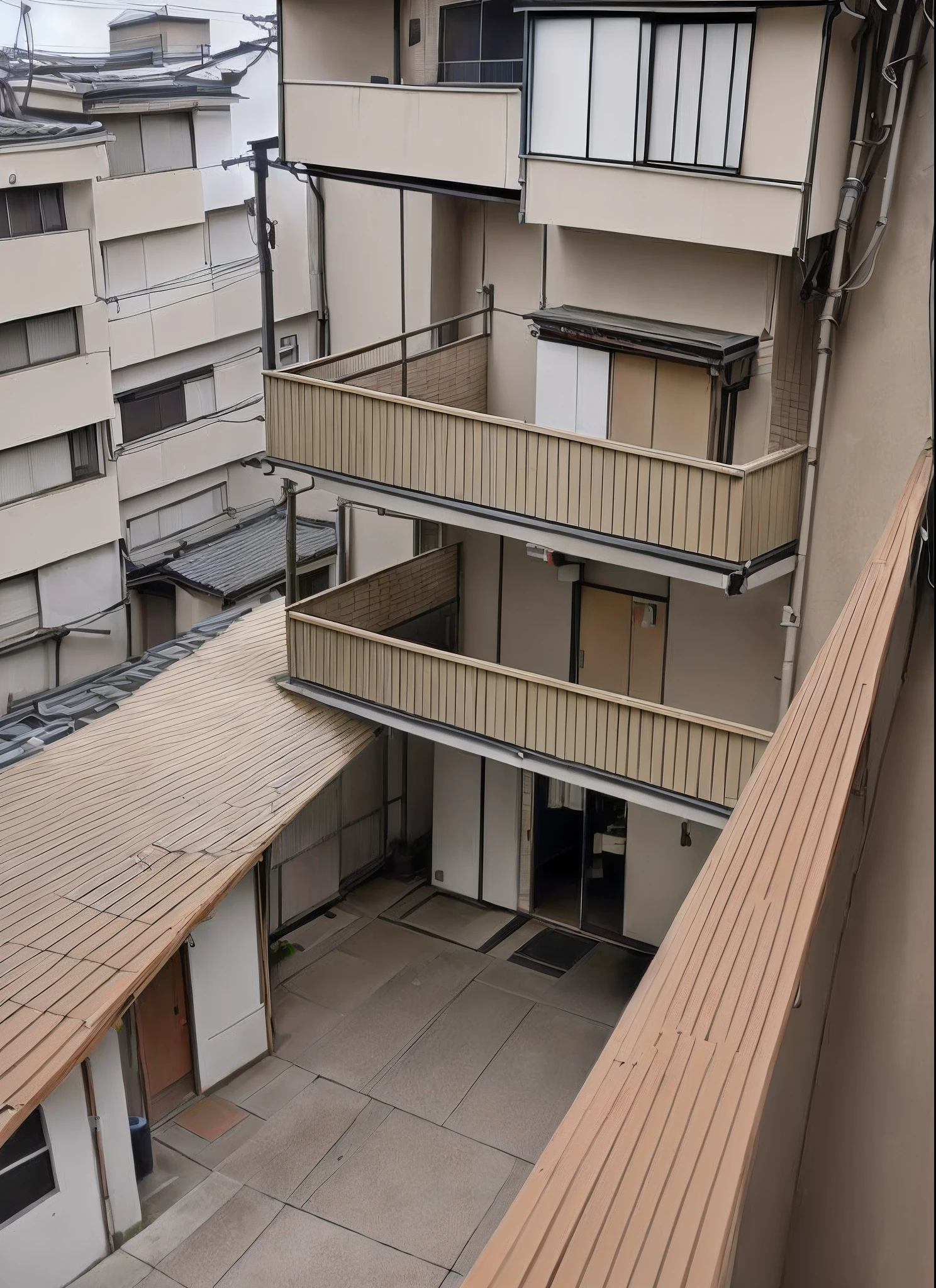 A car is parked in front of a building with a balcony, Japanese houses, front-facing view, けもの, full building, in a japanese apartment, by Ayako Rokkaku, small room in tokyo, Flat!!, Hikkikomori, in Tokyo under, hironaka, Complete House, yoshiku, hidetaka tenjin