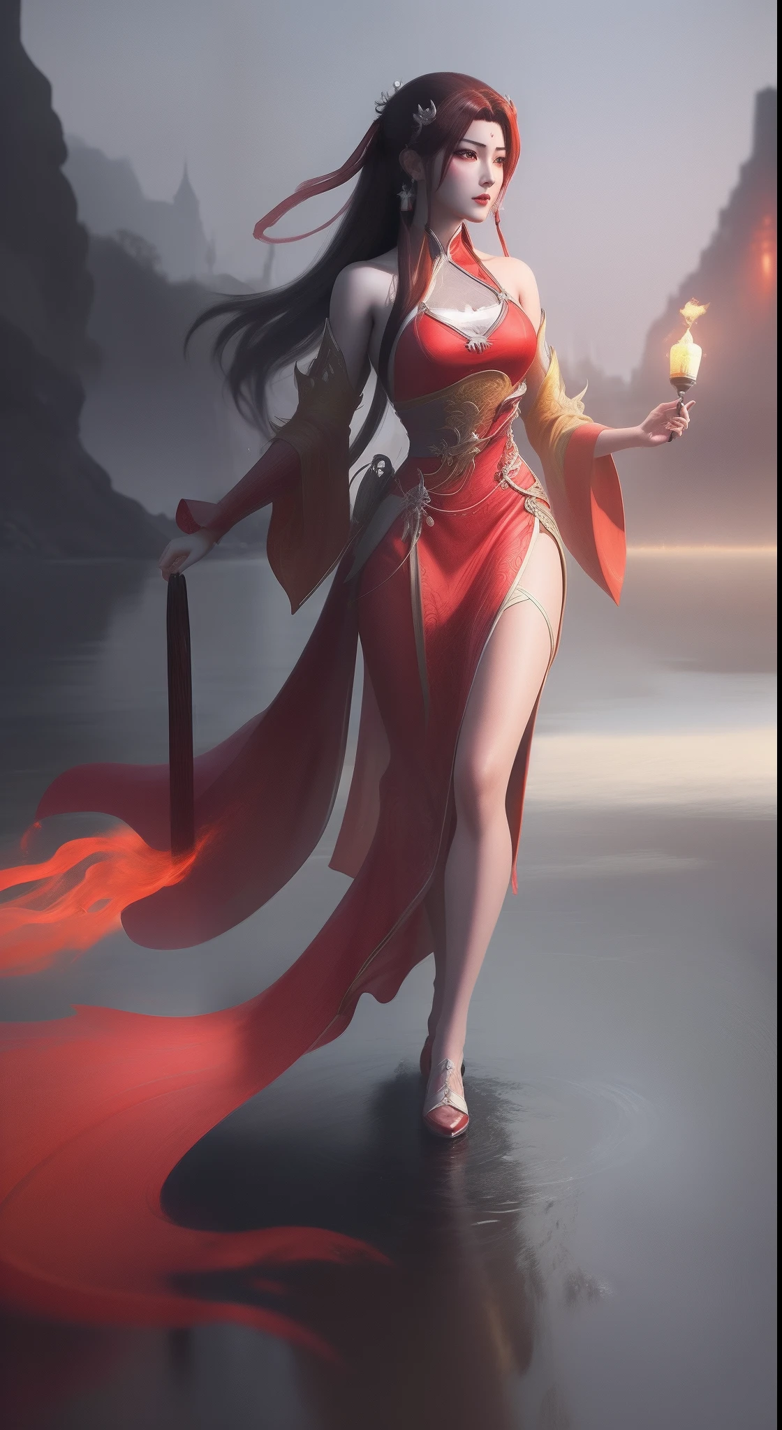 An Arad woman in a red dress walks in the river carrying a lantern, full-body xianxia, inspired by Park Hua, by Yang J, Inspired by Lan Ying, Extremely detailed Artgerm, inspired by Du Qiong, inspired by Ju Lian, art-style, Ruan Jia and Artgerm, lunar themed attire