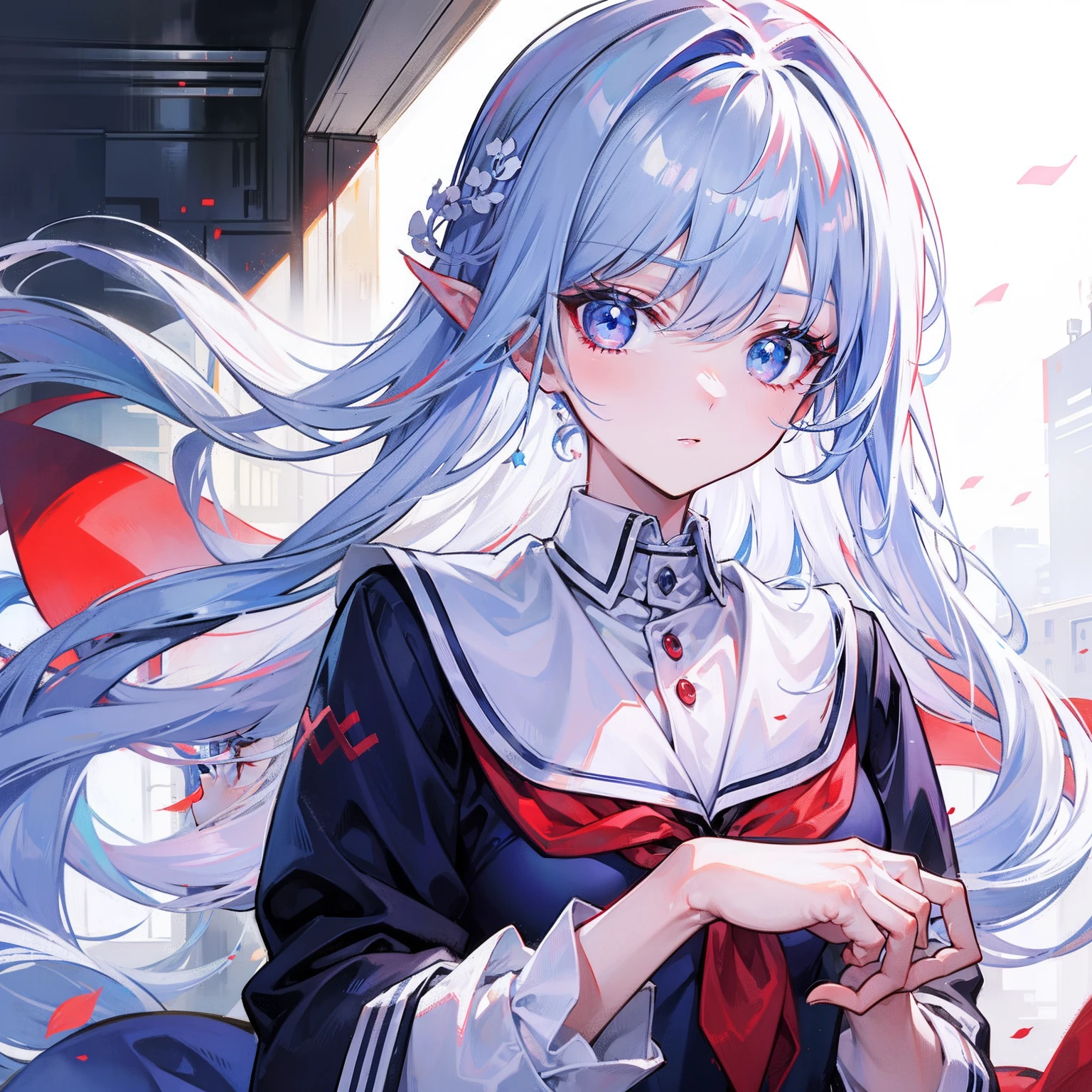 White-blue hair, Scarlet pupils, Medusa in school uniform