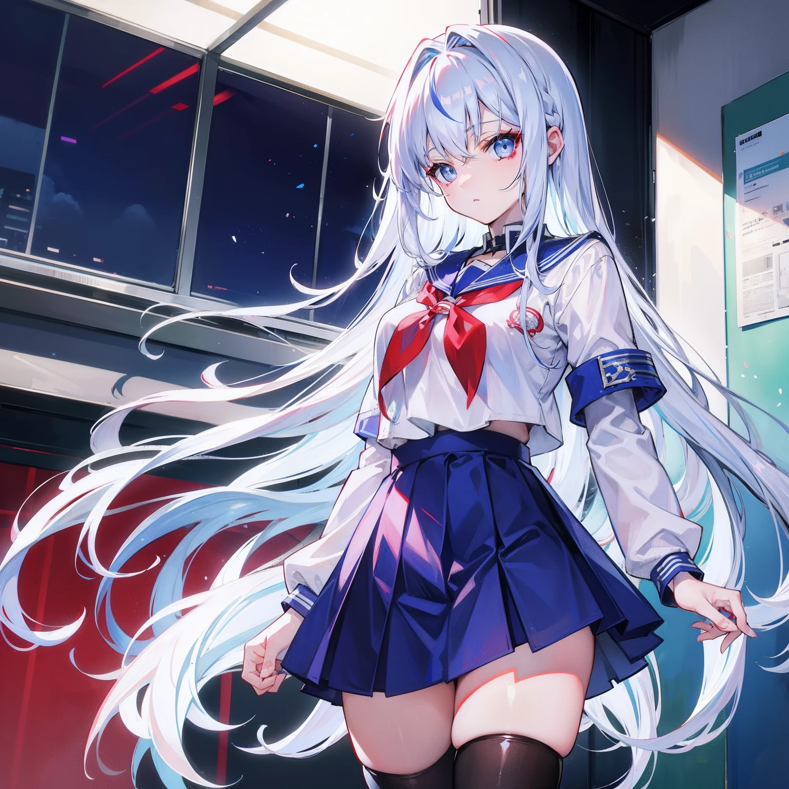 White-blue hair, Scarlet pupils, Medusa in school uniform