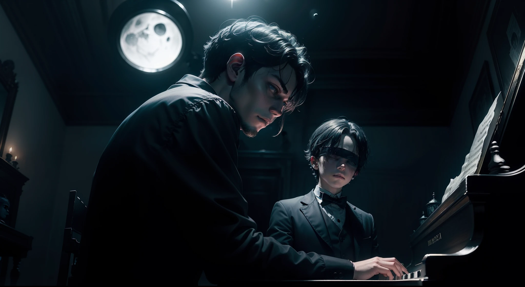 A sad boy inside a dark and creepy mansion at night playing the piano next to a man who is blindfolded, Music notes, music, Horror music, cores escuras e sombrias, Magic Flashes, moon illumination, magic lights, cinemactic