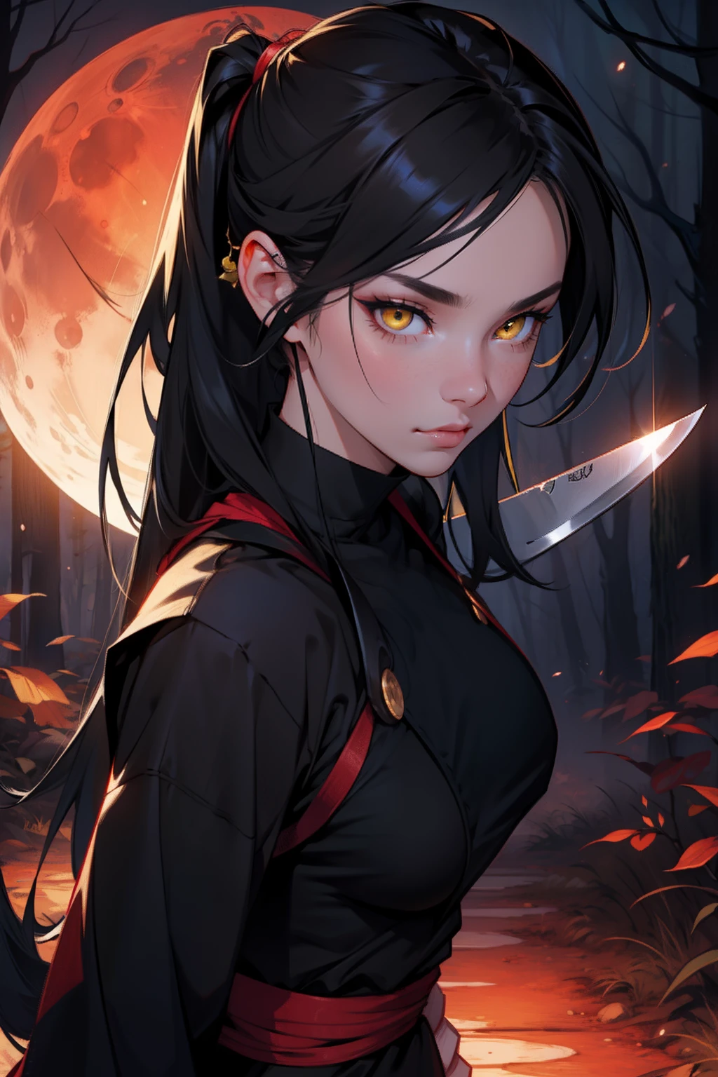 ninjartist lunar eclipse the woods knifes Long black hair Yellow eyes Beautuful Women