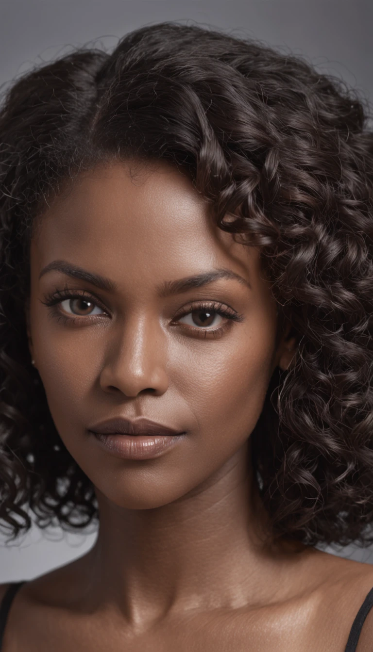 RAW photo, Real Photographics, A beautiful and stunning portrait of a black Brazilian woman, Nearly forty years old, with ((Dark brown skin)), Black African hair with a curly neck, curled,Permed black hair,Kinks curl,8 inches,Vivid clear brown eyes, Detailed face, Portrait of shoulders and face, voluptuous:1.3, , Wide hips, Beautiful band (Long black skirt:1.5), depth of fields, high light,Real light,Ray traching,oc rendered,Hyper-realistic,best qualtiy,8K,Works of masters,super-fine ,Correct anatomy,sharp focus on eyes,Bokeh,Facial features are carefully depicted