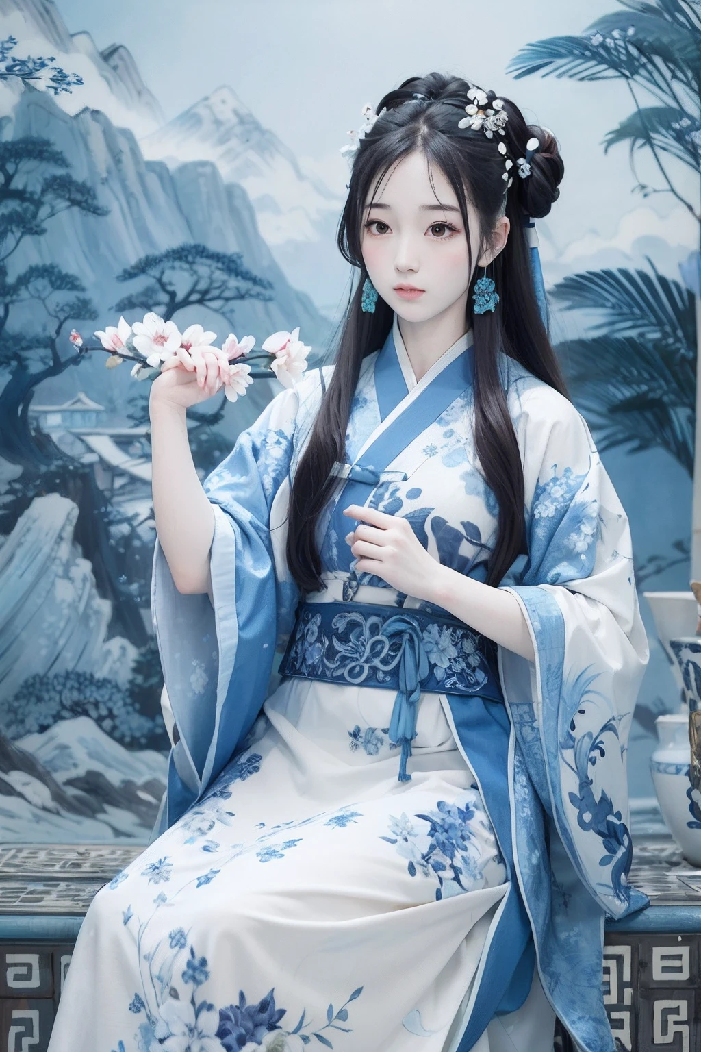 a drawing,Blue and white dress,Woman with flowers on hair,Blue and white porcelain style,hanfugirl,ancient china art style,Belle peinture de personnage,Chinese painting style,It has an ancient Chinese aesthetic,Chinese style,A beautiful artwork illustration,Traditional Chinese art,Oriental art style,Blue and white porcelain exhibition,Beautiful anime portrait character composition in the lower left corner,The upper right corner is decorated with a blue and white porcelain background,(Defocus,Out of focus,softlighting,电影灯光,Skylight,hyper HD)