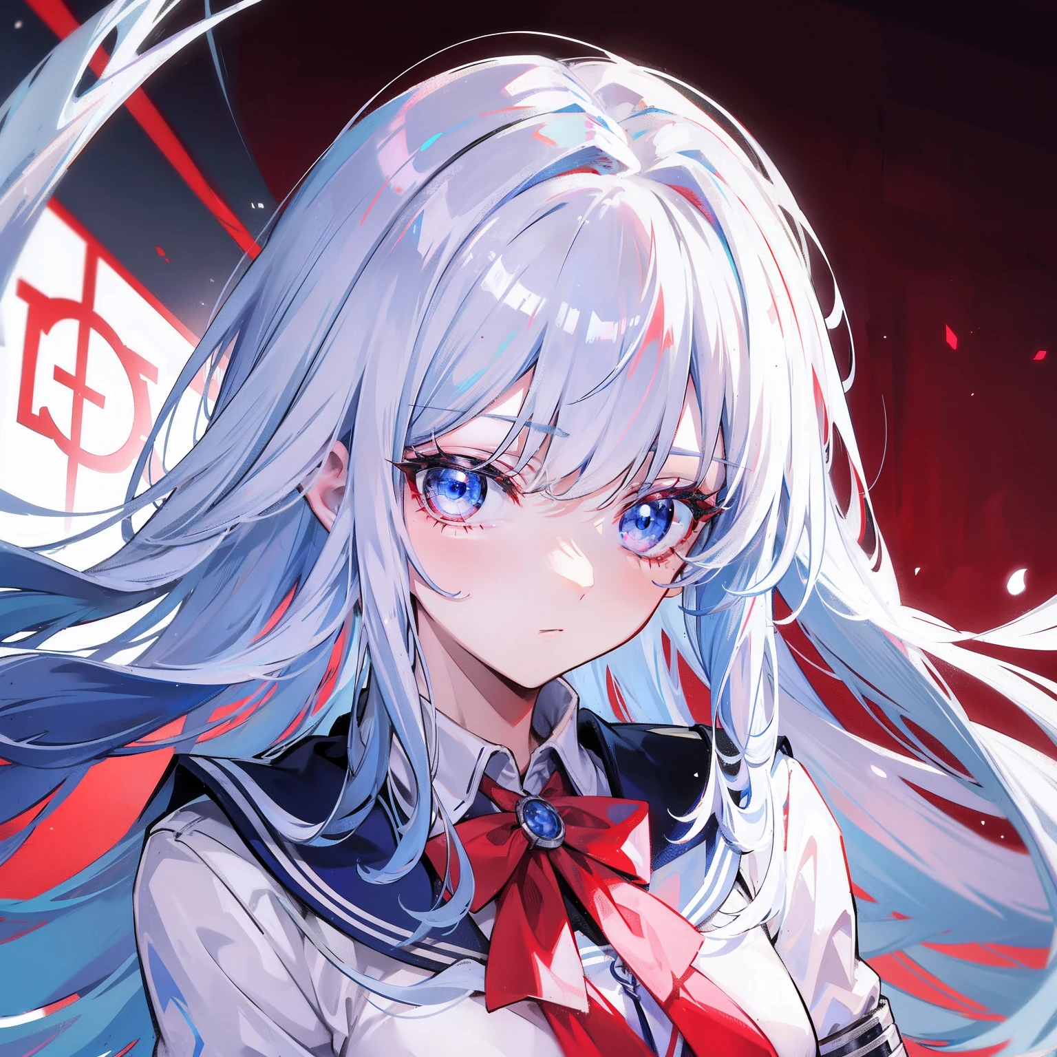 Two-dimensional comic book style,White hair, red color eyes, is full of feelings, full bodyesbian,,Blue White Panties,Desperate look ,Blood and tears,With a smile on his face,white stockings,Gloomy basement,Wearing a black sweatshirt,Scissors in hand,There is blood on the body