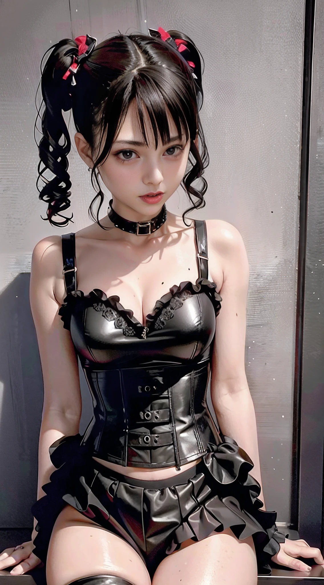 there is a woman in a corset posing for a picture, in a leather corset, wearing corset, con coletas negras, wearing atsuko kudo latex outfit, Anime Girl Cosplay, full bodied, very tight corset, 1 7 -  - old me goth girl, Chica de anime en la vida real, Render fotorrealista de Anime Girl, seductora chica de anime, realistic young gravure idol