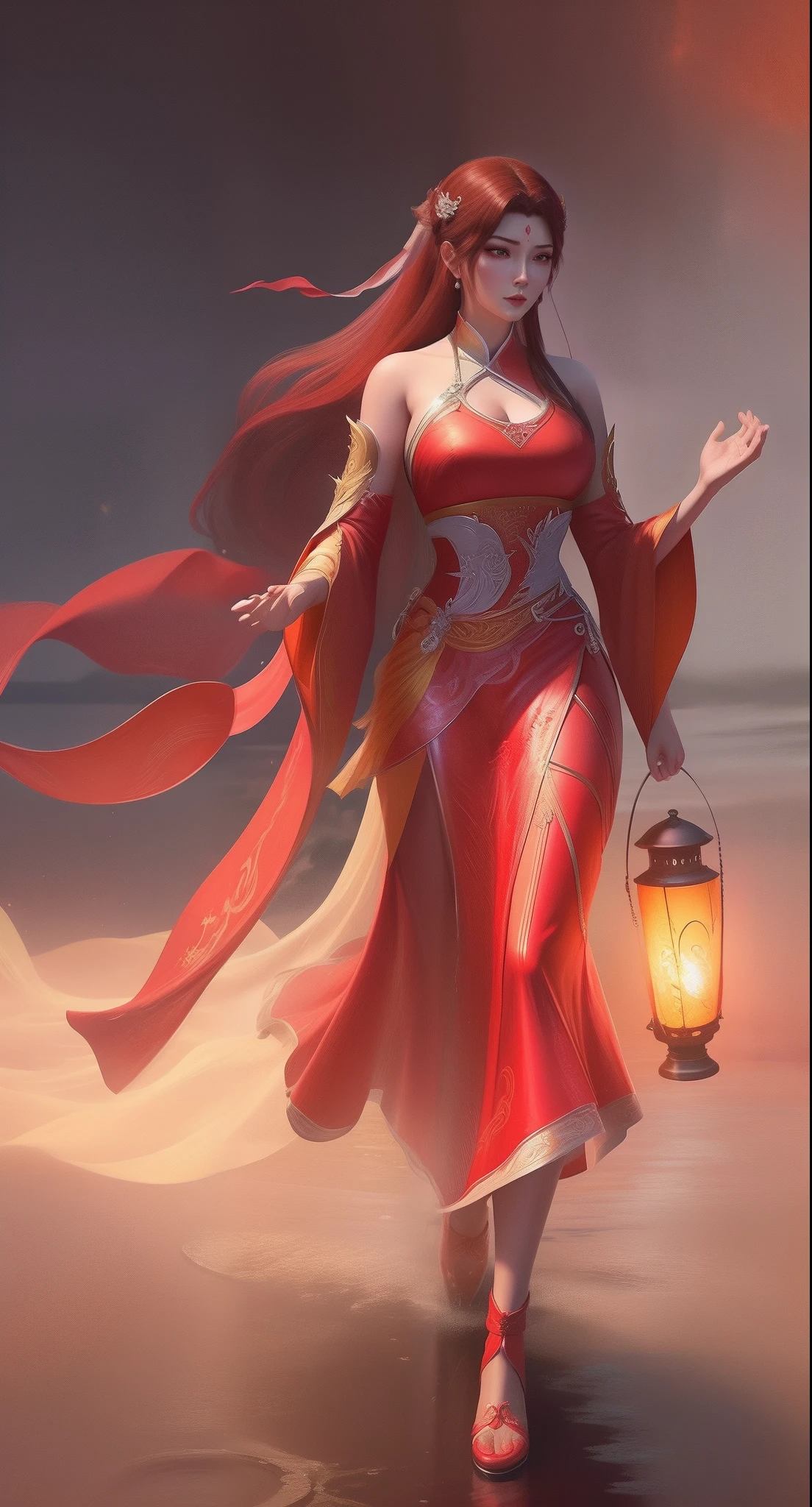 An Arad woman in a red dress walks in the river carrying a lantern, full-body xianxia, inspired by Park Hua, by Yang J, Inspired by Lan Ying, Extremely detailed Artgerm, inspired by Du Qiong, inspired by Ju Lian, art-style, Ruan Jia and Artgerm, lunar themed attire