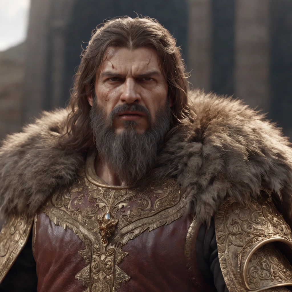 (professional 3d render:1.3) af (Realistic:1.3) most beautiful artwork photo in the world，Features soft and shiny male Bulgarian King known as Tsar Simeon the great, ((Epic hero fantasy muscle man rough wet hero angry look long hair short beard crown and byzantium bulgarian regalia and ferocious expression in dynamic pose, Fantastic location, Majestic cluttered environment)), full body 8k unity render, action  shot, skin pore, very dark lighting, heavyshading, Detailed, Detailed face, (vibrant, photograph realistic, Realistic, Dramatic, Dark, Sharp focus, 8K), (Old leather garments damaged by weathering:1.4), ((((Wear fur)))), (Intricate:1.4), decadent, (Highly detailed:1.4), Digital painting, rendering by octane, art  stations, concept-art, smooth, Sharp focus, illustration, Art germ, (loish:0.23), wlop ilya kuvshinov, and greg rutkowski and alphonse mucha gracias, (Global illumination, Studio light, volumettic light), heavy rain, particles floating, lotr, fantasy, elf, full bodyesbian, ((Dark and ancient city background:1.3)),CGSesociety,art  stations