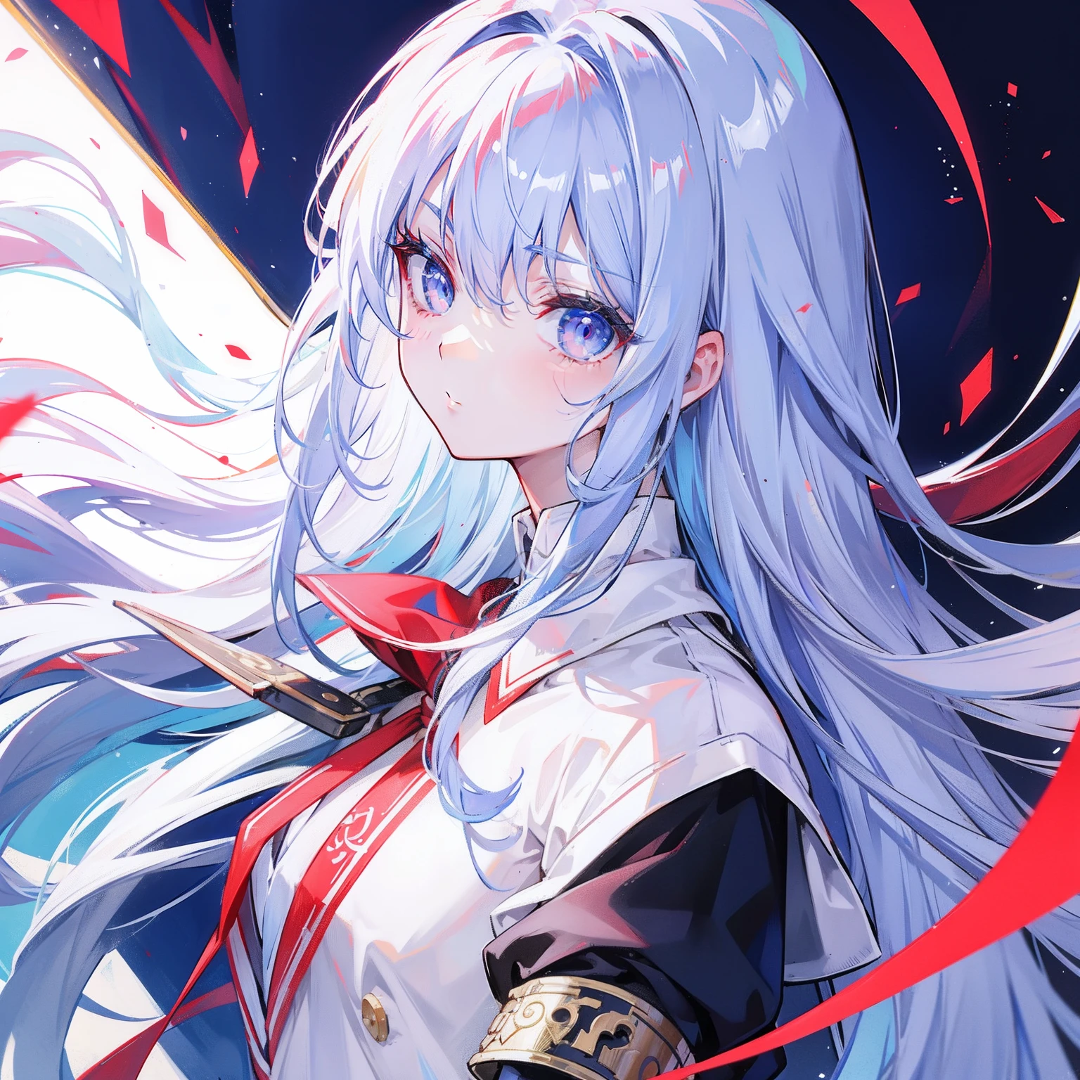White-blue hair, Scarlet pupils, Medusa in school uniform