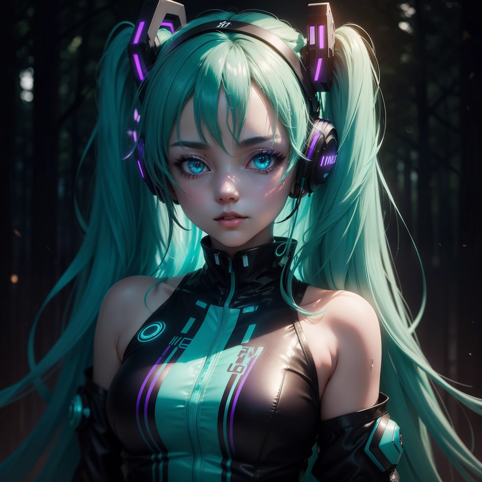 miku hatsune、birthday、sportrait|Wide angle shot，Eyes are tilted to the sides of the frame，Lucid Dream Woman，Looking out from afar：：8 Styles|Daydream punk with glowing skin and eyes，Wearing a headdress，It's beautiful，She drips under neon lights，Very vivid blue、in green、purpleish color、bio luminescent，with light glowing：：8 Background|the woods，Vivid Neon Wonderland，Particle，Blue color、Green and purple：：7 Parameters|Rule of Threes，the golden ratio，asymmetrical composition，ultra maximalism，rendering by octane，真实感，Cinematic realism，unrealengine，8K