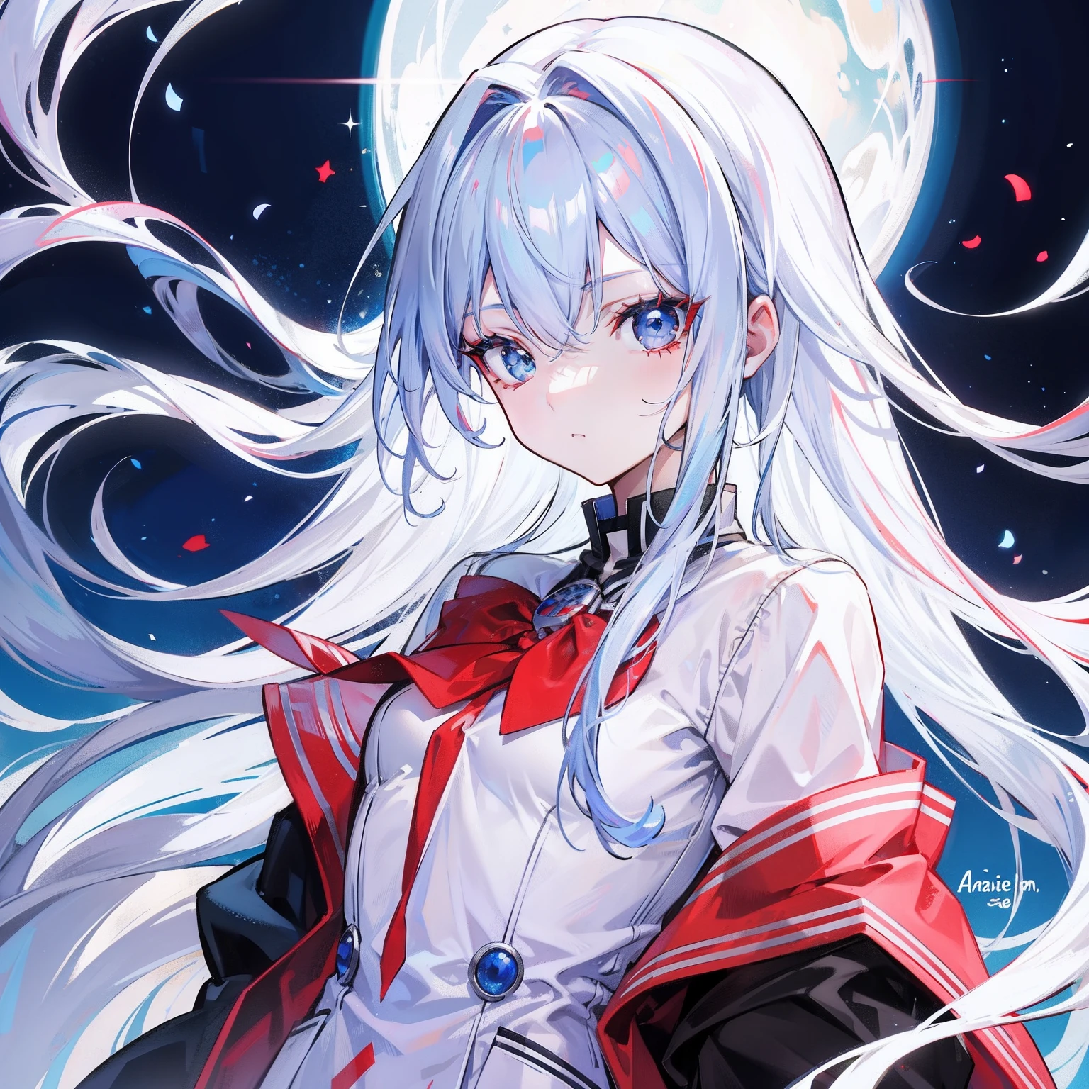 White-blue hair, Scarlet pupils, Medusa in school uniform