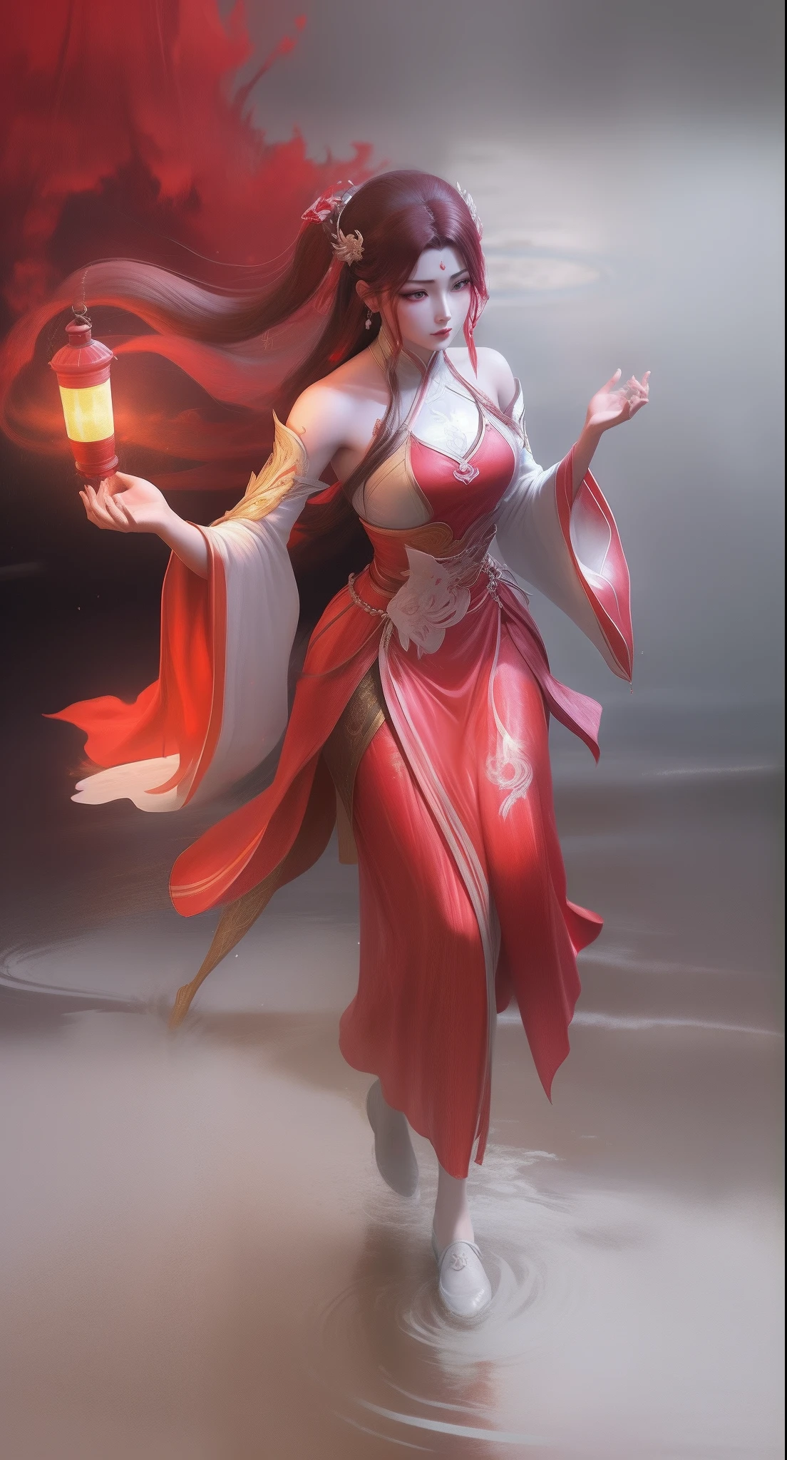 An Arad woman in a red dress walks in the river carrying a lantern, full-body xianxia, inspired by Park Hua, by Yang J, Inspired by Lan Ying, Extremely detailed Artgerm, inspired by Du Qiong, inspired by Ju Lian, art-style, Ruan Jia and Artgerm, lunar themed attire