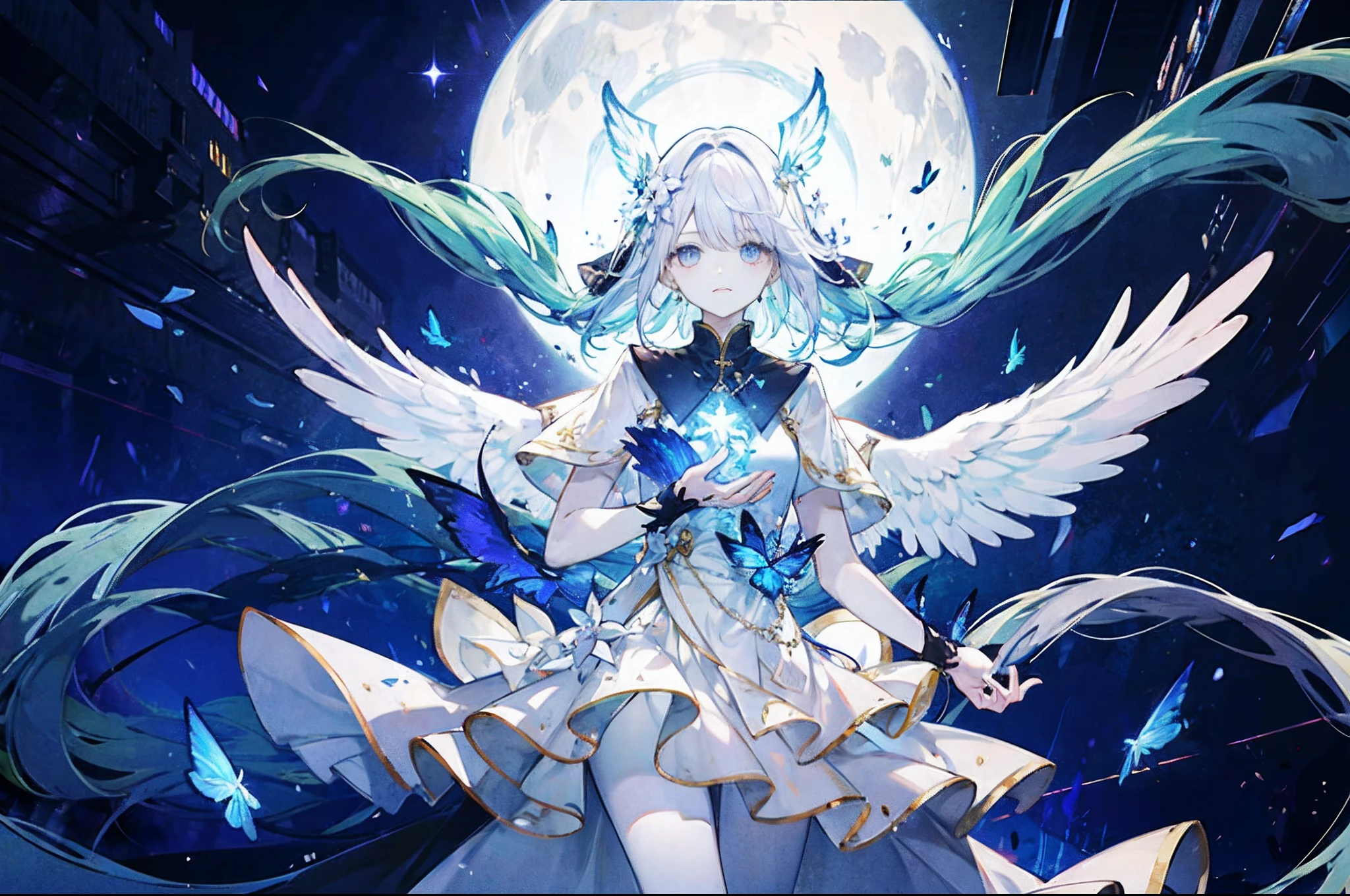 Angels are painted with pale and radiant complexion.、Its eyes have heterochromic eyes.、Its skin seems to glow with an otherworldly glow。He、Symbolizing the Nature of God、Adorned with a pair of shimmering graceful wings。This scene is amazing and fascinating.、It captures the beauty and mystery of these celestial bodies。Godlike angel、Pale、with light glowing、complexion、Shines、Out of this world、brilliance、Shines、Graceful、wingspan、sacredness、Graceful、魅惑的、a beauty、mistic。