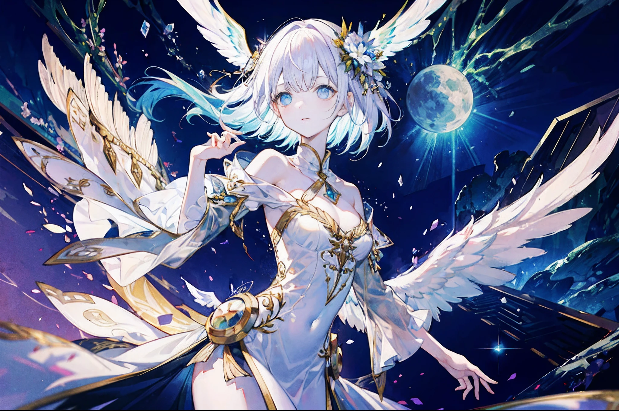 Angels are painted with pale and radiant complexion.、Its eyes have heterochromic eyes.、Its skin seems to glow with an otherworldly glow。He、Symbolizing the Nature of God、Adorned with a pair of shimmering graceful wings。This scene is amazing and fascinating.、It captures the beauty and mystery of these celestial bodies。Godlike angel、Pale、with light glowing、complexion、Shines、Out of this world、brilliance、Shines、Graceful、wingspan、sacredness、Graceful、魅惑的、a beauty、mistic。