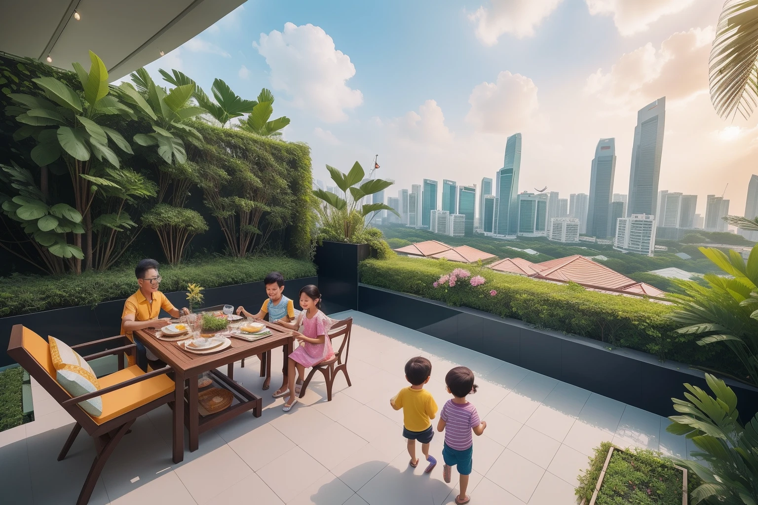 Year: 2024
Country: Singapore
Description: On the rooftop garden of a stylish condominium, a family engages in a kite-flying competition. The rooftop is decorated with quirky sculptures and lush greenery, providing the perfect backdrop as the family members guide their kites through the sky.