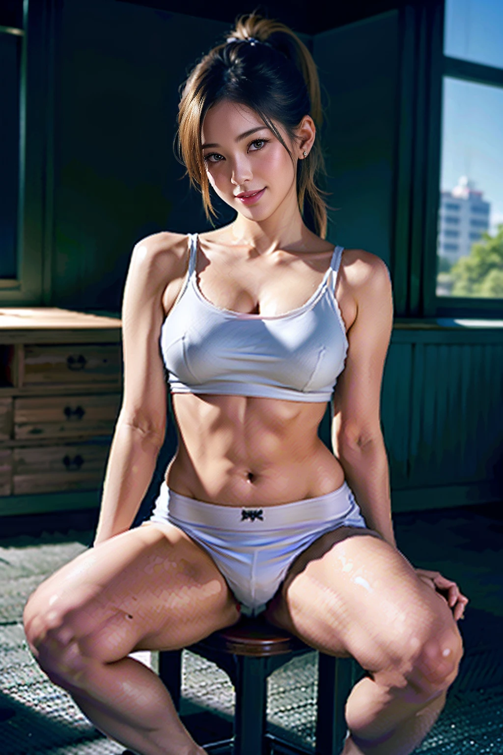 (8K、Raw photography、top-quality、masterpiece:1.2)、(realisitic、Full body posture、poneyTail、Open thighs in a miniskirt、White underwear with the skirt flipped up、Photorealistic underwear visible from a miniskirt:1.37)、a wet lower body、Lower body with water droplets、Sit up、Respectable hips、Denim Mini Skirt、Beautiful ass、poneyTail、Open legs,Tank Tops、Beautiful waki、Beautiful belly button、a miniskirt、Sit up、sit,Open legs,White panty、White shorts、、Panchira、ultra-detailliert、超A high resolution、1人、see the beholder、beautifull detailed face、A smile、Constriction、(Slim waist) :1.3)、The shirt、Beautiful detailed skin、Skin Texture、floated hair、profetional lighting、