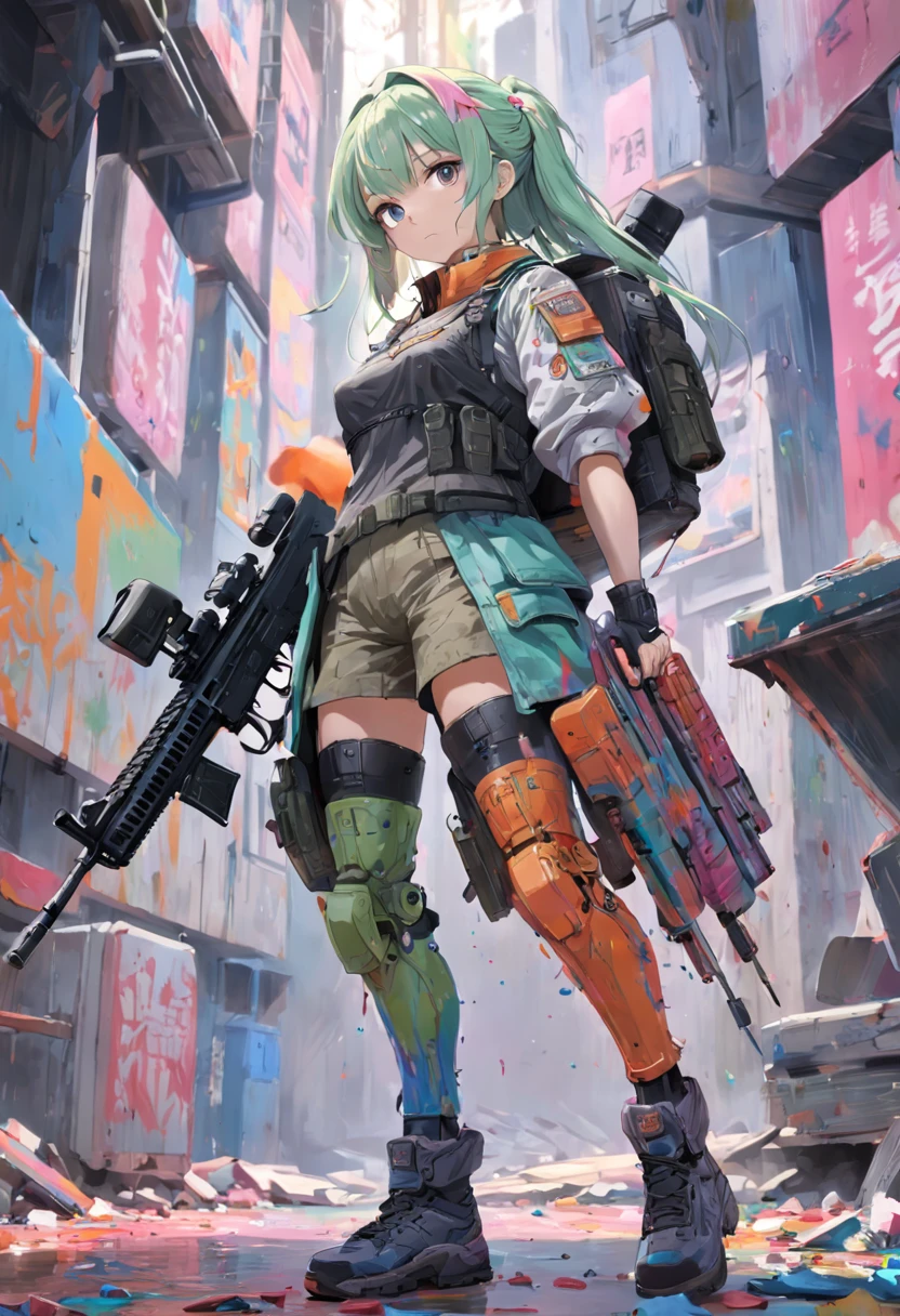 (8K, 16 K, Best Quality, hight resolution, High quality, high details, Super Detail, Anatomically correct, nffsw, masutepiece:1.4),(1girl in),Girl shooting paint bullets, Colorful assault rifle in hand, Survival Games, Paint drips on the shield, wearing goggles, long boots, (Military fashion in pastel colors 1.2),Tension on the battlefield,bulletproof vest,Detailed finger,Hide and lean back,drum,Inorganic concrete wall,Colorful paint bullet truck