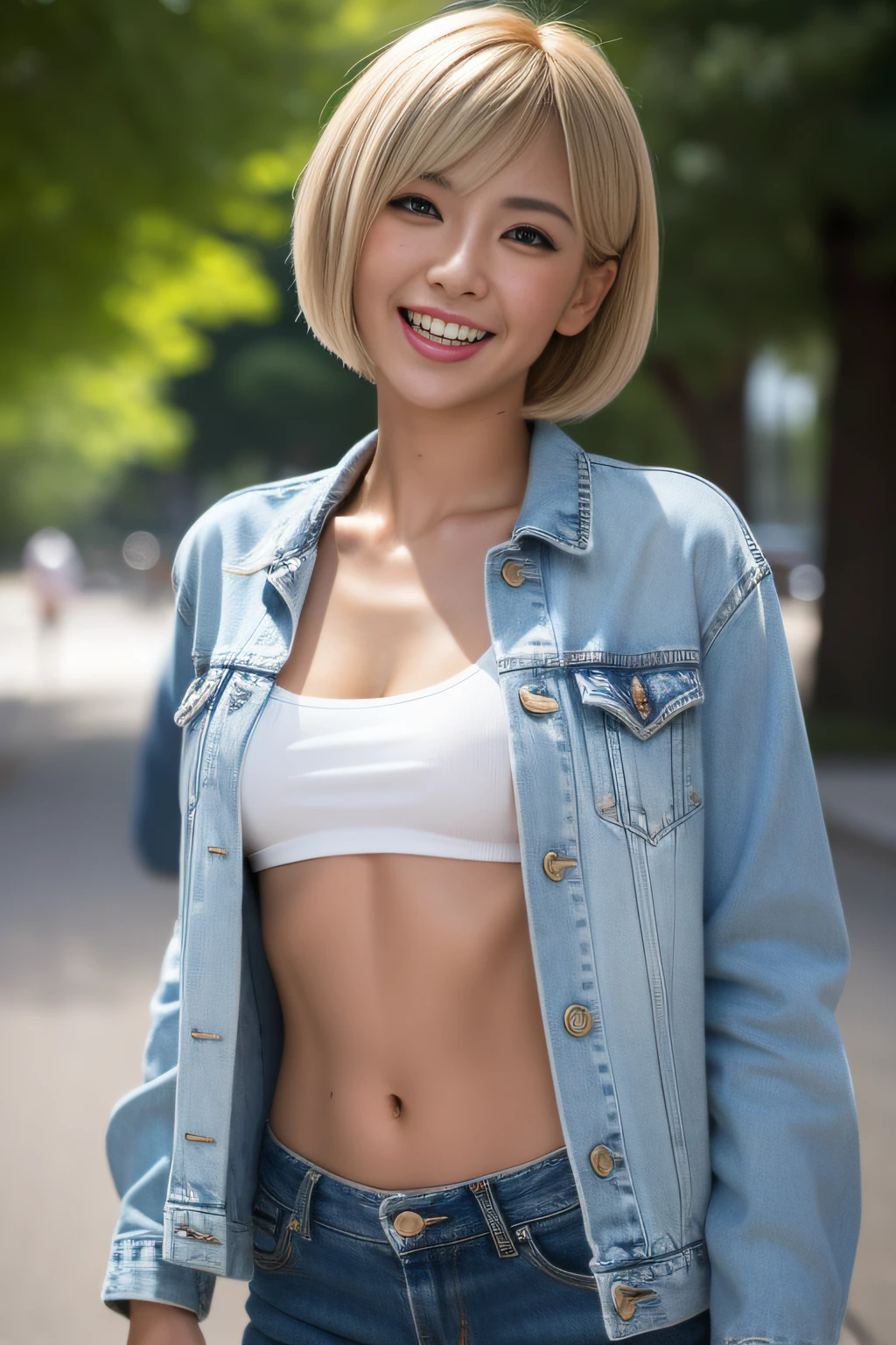 (Masterpiece, BestQuality:1.3), (ultra detailed 8k cg:1.2), (hyperrealistic:1.35), (Photorealistic:1.45), (realistic:1.4), COWBOY SHOT, 1 beautiful Japanese girl, 22 years old, (blond hair:1.2), (very short hair:1.2), (tanned skin:1.5), black gal, flat chest, (gyaru makeup:1.3), (looking at viewer), dynamic lighting, (laugh:1.4), cinematic angle, looking back, denim shorts, white gyaru jacket, downtown,