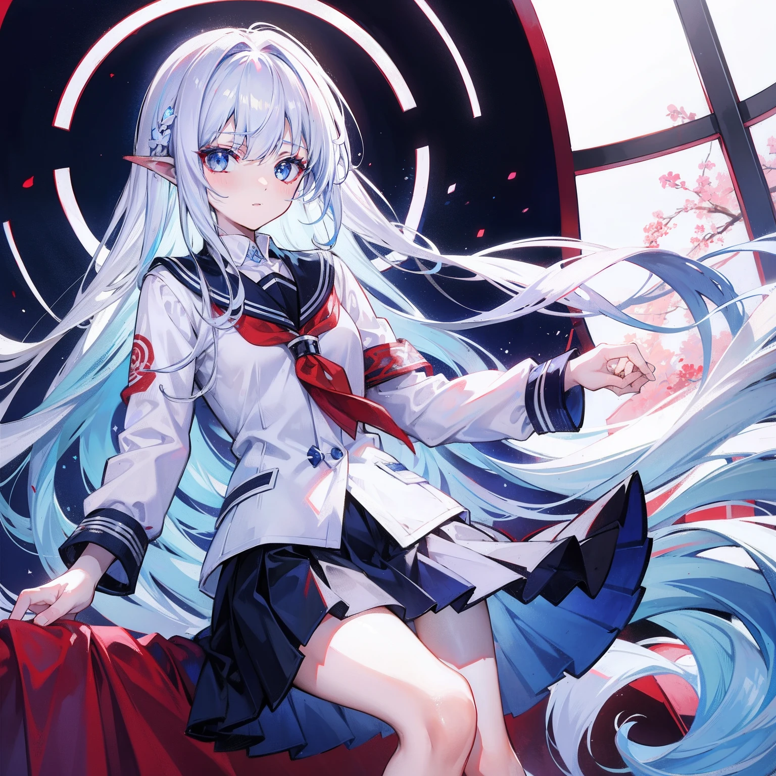 White-blue hair, Scarlet pupils, Medusa in school uniform