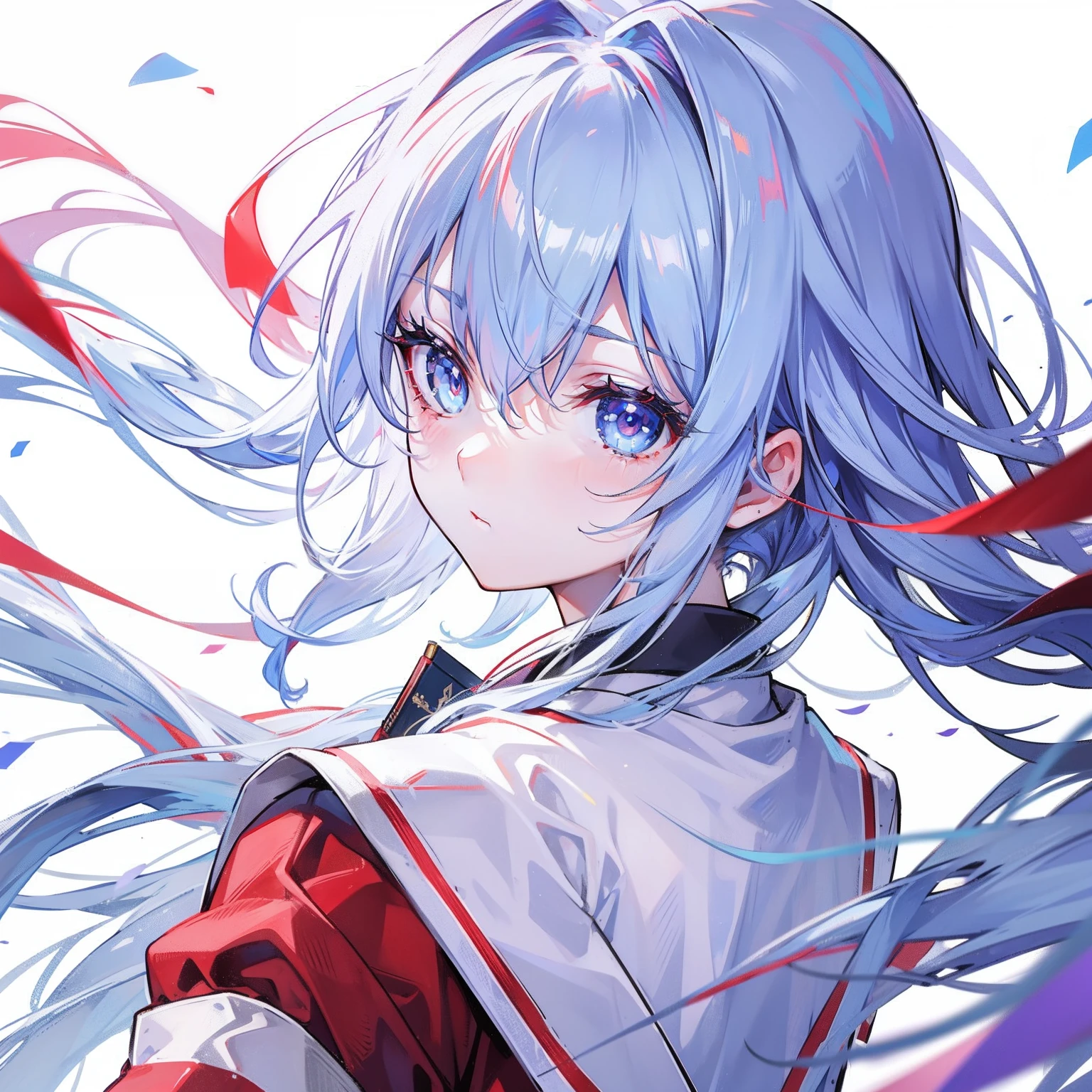 White-blue hair, Scarlet pupils, Medusa in school uniform
