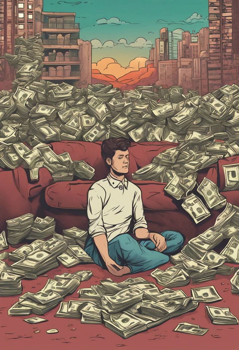 a person sitting with a substantial amount of money in front of them. Depict the scene as they contemplate the wealth before them, conveying a mixture of emotions, thoughts, and possibilities associated with financial abundance