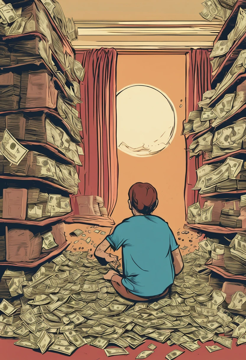 a person sitting with a substantial amount of money in front of them. Depict the scene as they contemplate the wealth before them, conveying a mixture of emotions, thoughts, and possibilities associated with financial abundance
