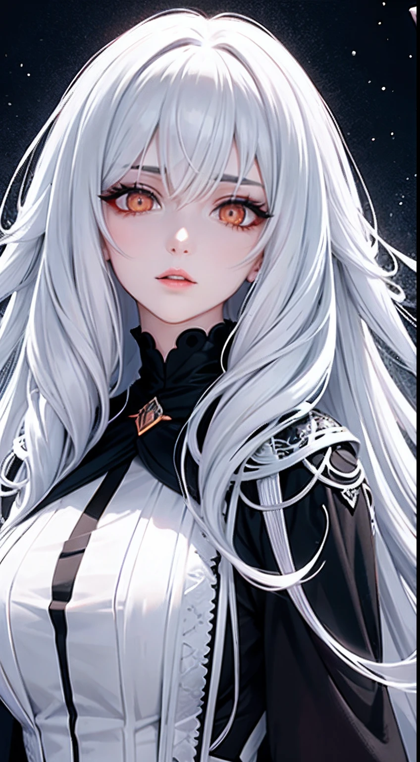 highest detailed, woman with white really long messy beautiful detailed black ombre, serious eyes, dull eyes, dead inside, orange eyes, beautiful, majestic, evil, poofy lips, cold, with huge sword