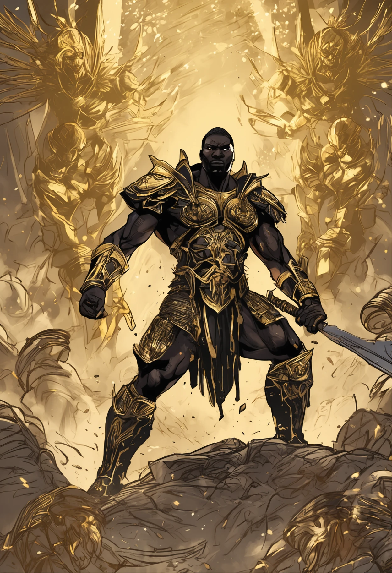"In a realm where darkness looms, a mighty black warrior adorned in glistening gold armor stands as the last hope for salvation. Describe his fierce expression and the power emanating from his dynamic pose as he readies to face the ultimate evil."