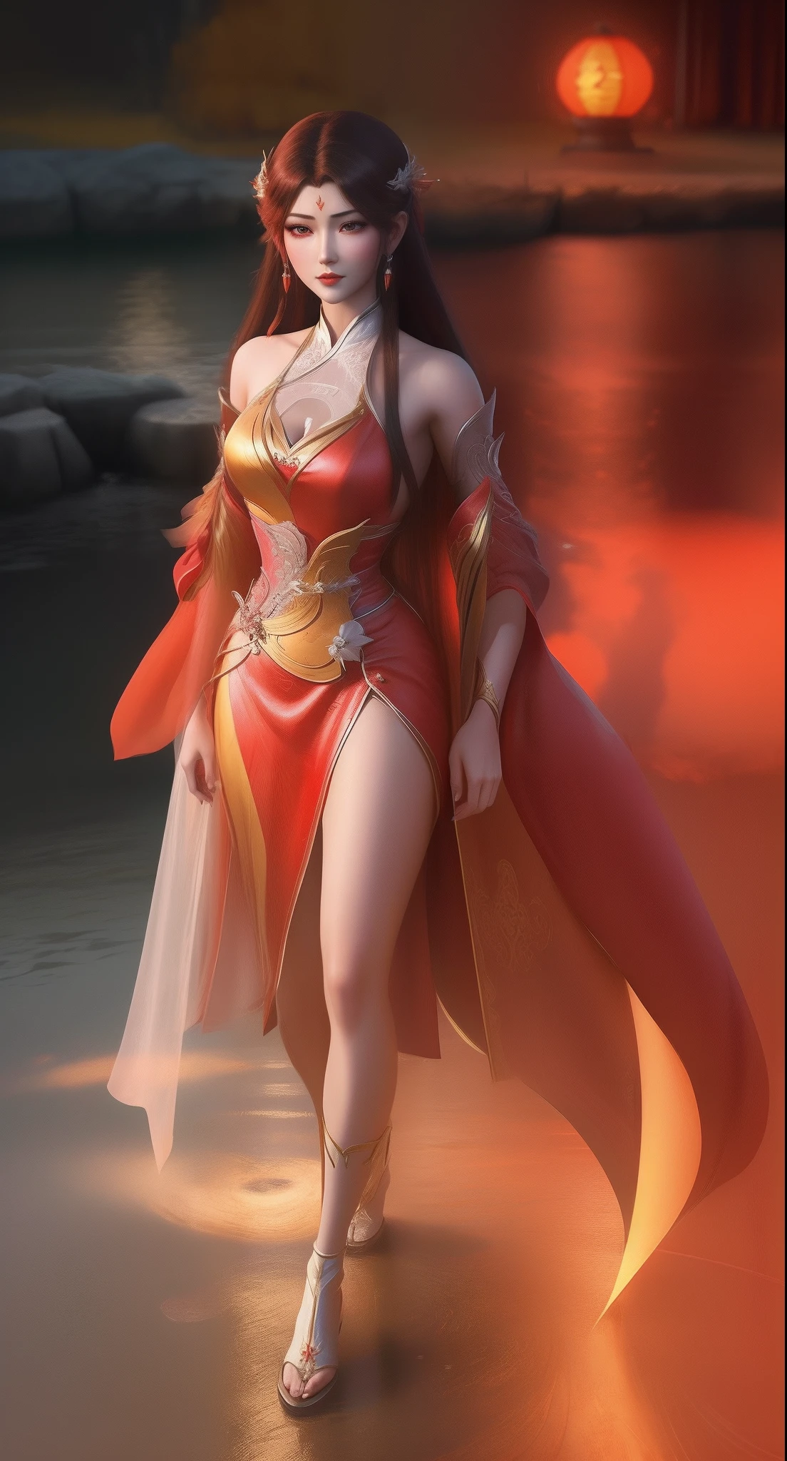 An Arad woman in a red dress walks in the river carrying a lantern, full-body xianxia, inspired by Park Hua, by Yang J, Inspired by Lan Ying, Extremely detailed Artgerm, inspired by Du Qiong, inspired by Ju Lian, art-style, Ruan Jia and Artgerm, lunar themed attire