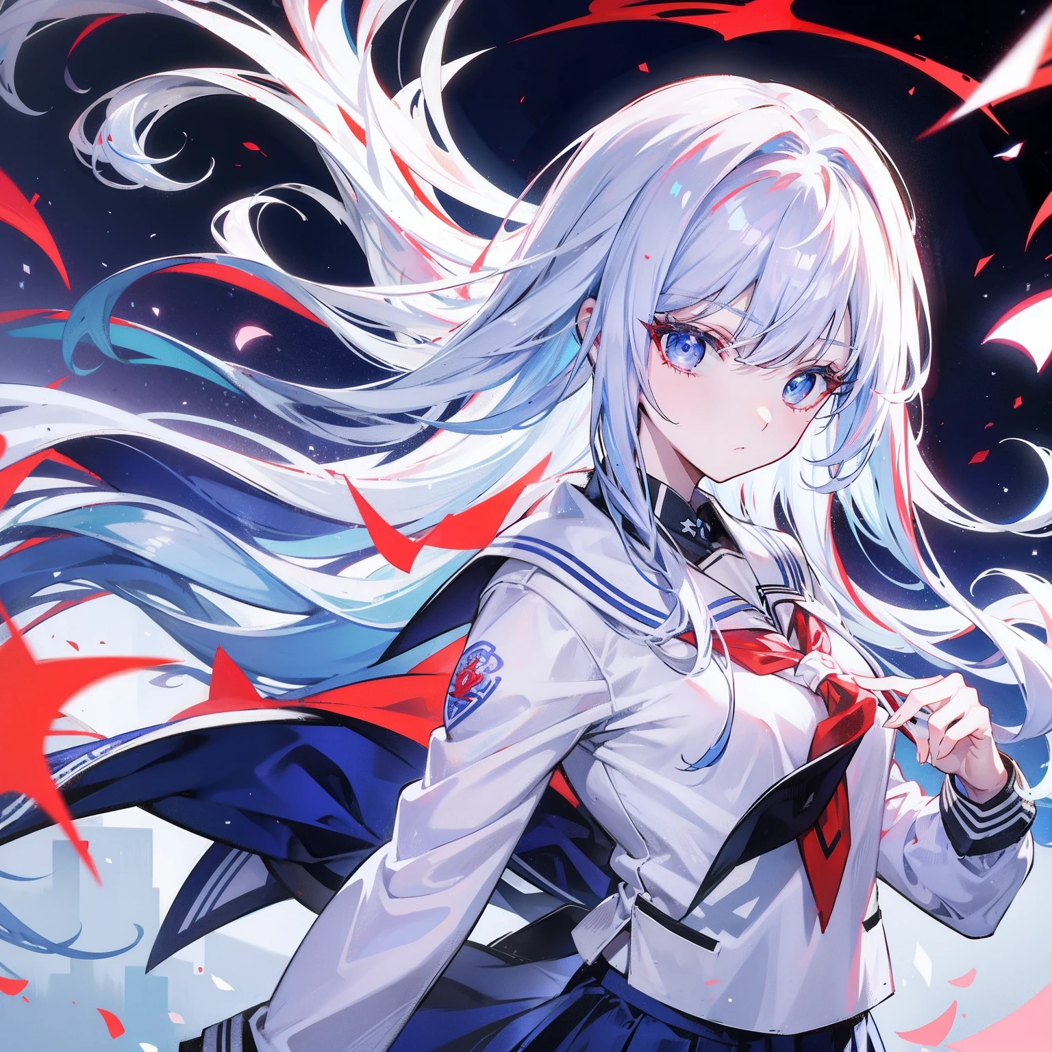 White-blue hair, Scarlet pupils, Medusa in school uniform
