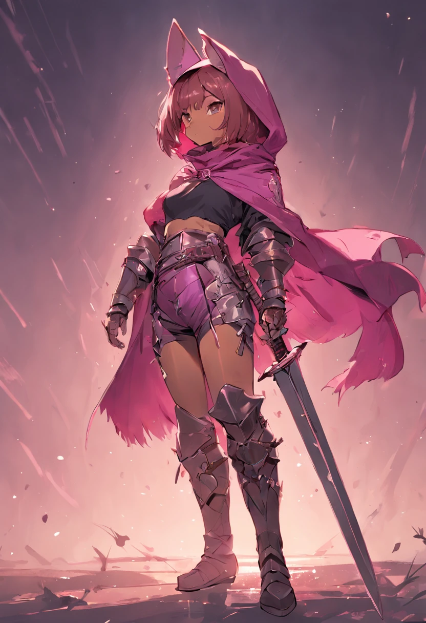 Brown-skinned girl. Her figure, Busty, Curvy, The right direction, Bunny ears, Cat tail, Magenta hair color, Deep magenta eyes, Brown skin, Sword in hand, A large ragged cloth like a cloak was wrapped around the waist, chest plate, long gloves, Black long-sleeved shirt under armor, chest plate, Hoodie, Properly drawn sword, Magic Sword, A cloth is wrapped around the waist, Properly drawn sword in hand, Bunny ears, Cat tail digital painting, Digital illustration, Extreme detail, Digital art, Knight armor, Loose puff pants, Metal shoes, fully armoured. A cloth is wrapped around the waist. Hands holding a sword.