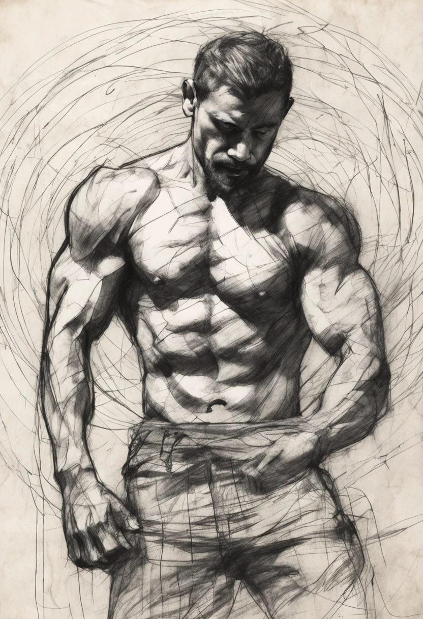 Coarse charcoal circular doodle style on waste paper, Muscular oriental male drawing, Dynamic pose, Circular clean line art,+Expressive lines, Paint in expressive sketch style, circular shading, Black and white sketch, hand painting, Coarse charcoal sketch on waste paper, Muscular male drawing, Dynamic poses, Clean line art,+Expressive lines, Painting in expressive sketch style, Shading, Black and white sketch, hand drawn, sketch, Linear style:: Sketch notes style sketch, Linear style:: Sketch annotation style, circular scribbles