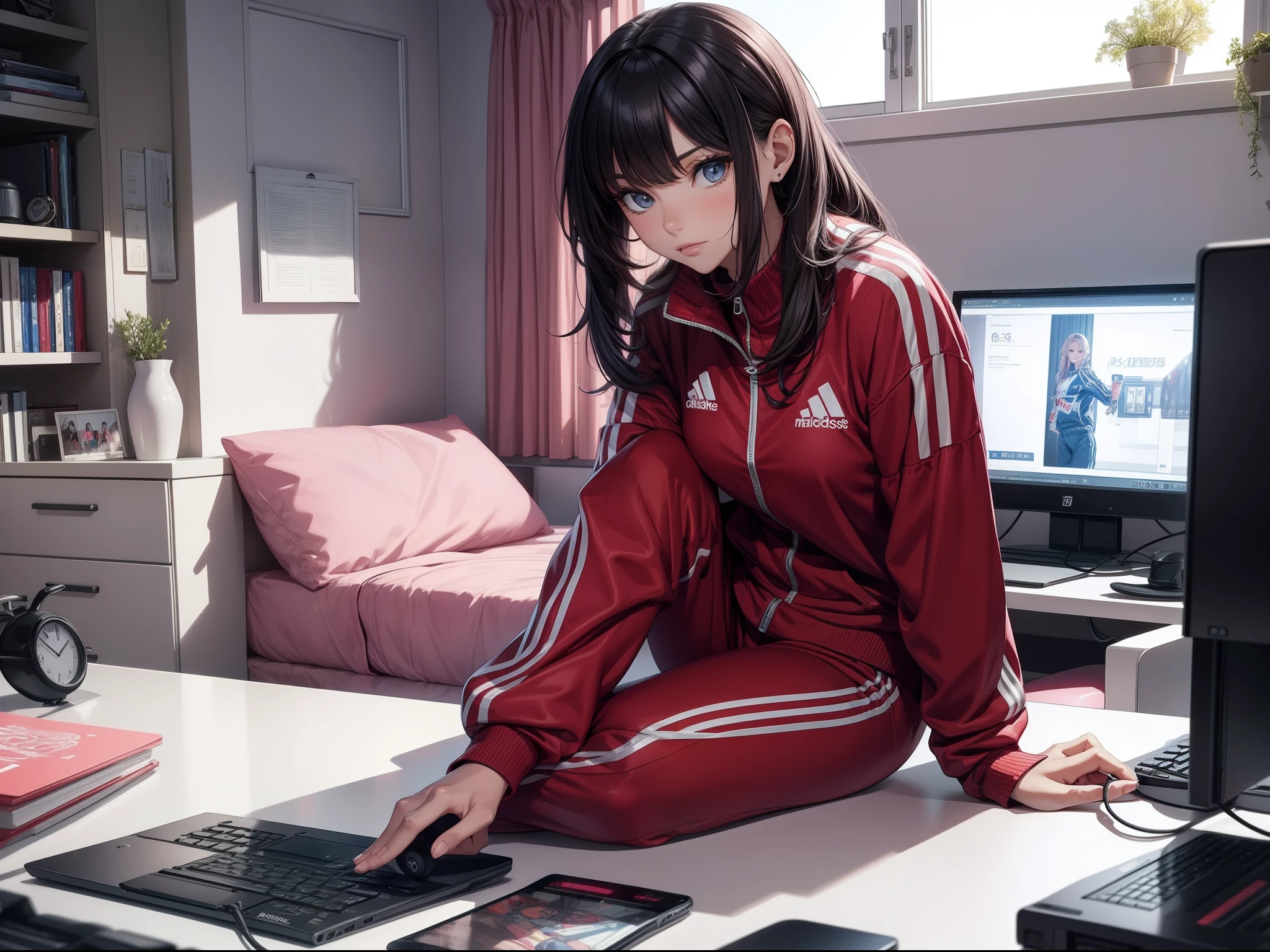 Best quality，tmasterpiece，Beutiful women，track suit，Looking at the PC，Modern room，