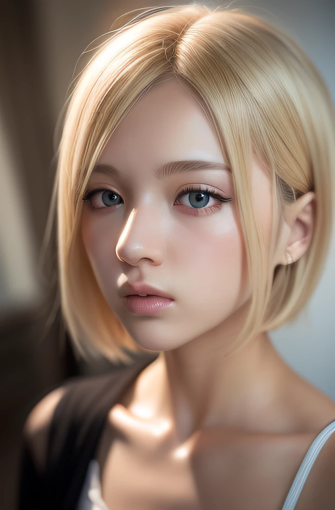 masutepiece、8K、photorealistic anime girl render、(Lifelike face:1.2)、(a blond、Boyish short-haired:1.3)、Blue eyes、real life anime girl、Crystal clear white skin、