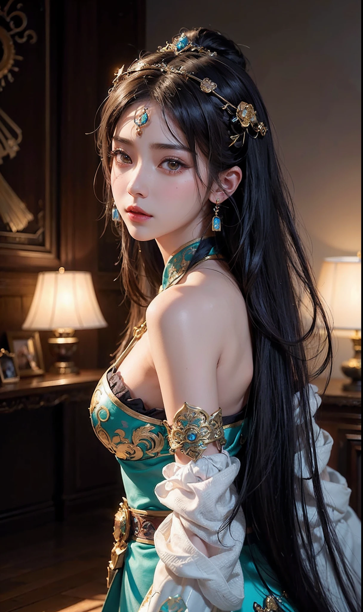 photorealistic, high resolution, 1women, solo, hips up, jewelry, tattoo, wavy hair, hanfu