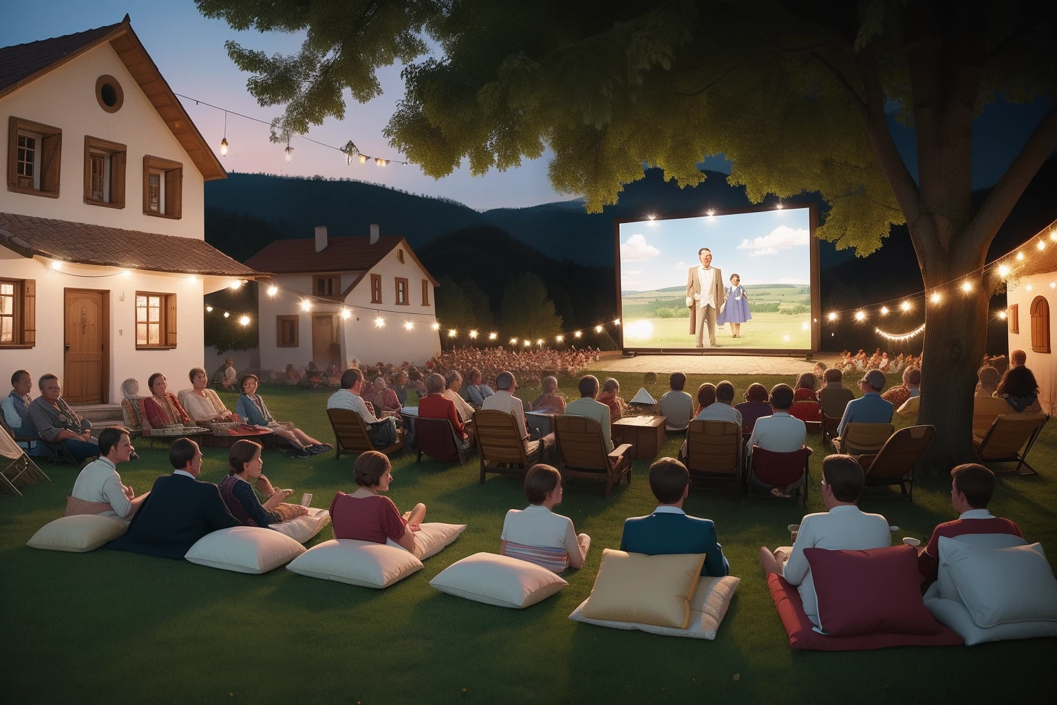 Year: 2008
Country: Slovakia
Description: In a quaint village square, a group of elegantly dressed friends gather for a summer outdoor film screening. Vintage projectors cast classic films onto a white screen, while the audience reclines on colorful cushions and blankets.