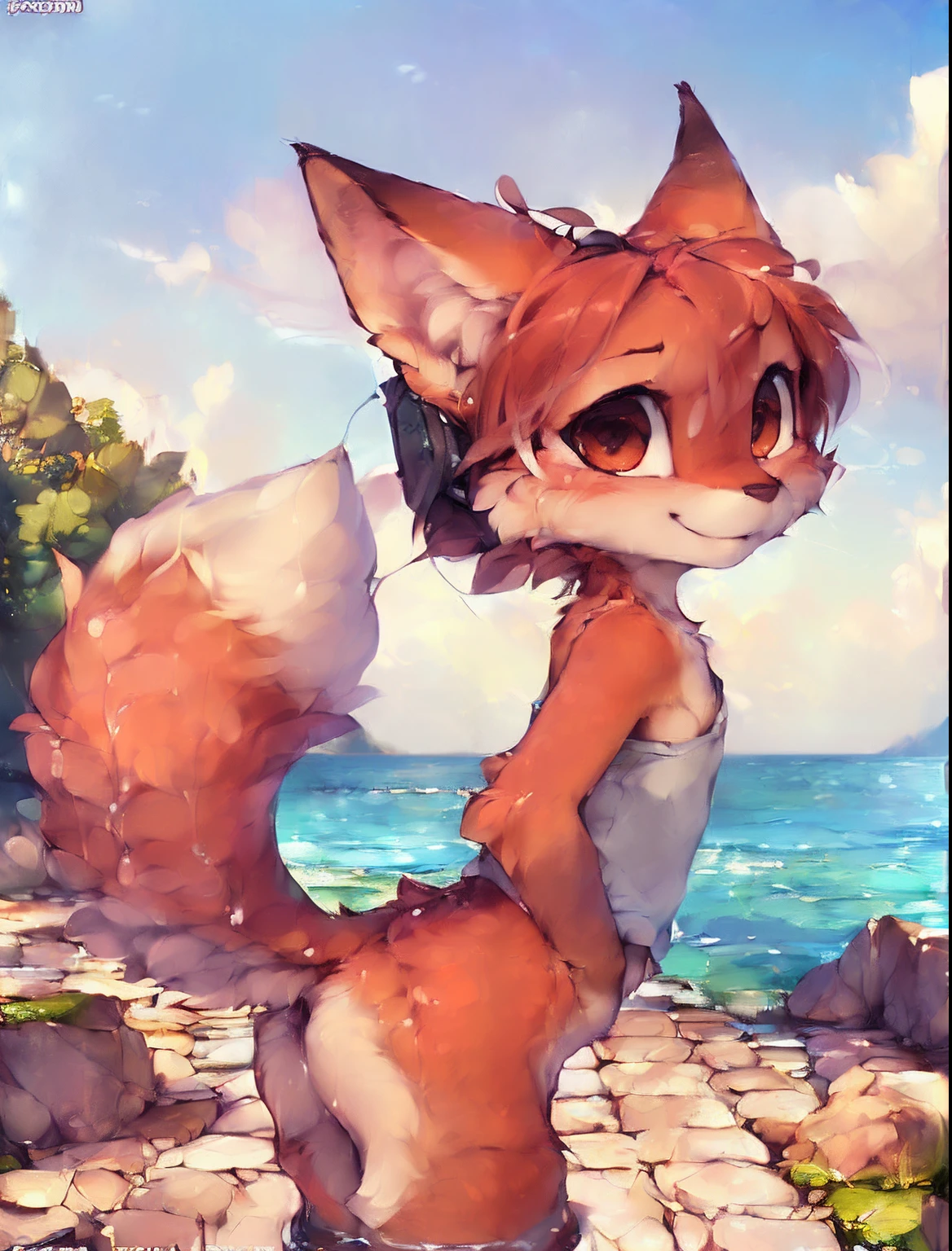 detailed background, furry female, (foxes), anthro, blush, (solo), rear view, (gaping, y, (small ass, petite, slim, girls1.3),sweet smile, pawpads, standing, feminine, large eyes, side view, (symmetrical), detailed fur, masterpiece, best quality, photorealistic, hyperrealistic, ultradetailed, detailed background, photo background, [by dagasi|ancesra:0.5], (by foxovh|by personalami), (by einshelm|by tom_fischbach)], juice:1.4), large white t shirt,longue hair, jean short, cute smile, headphone on shoulders