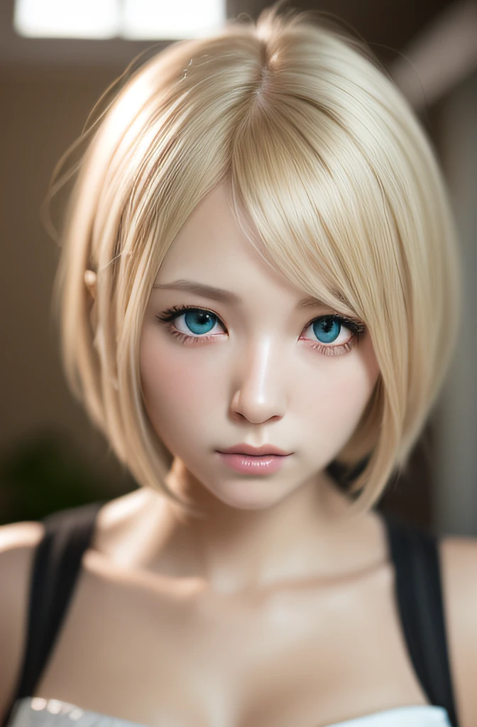 masutepiece、8K、photorealistic anime girl render、(Lifelike face:1.2)、(a blond、short-haired:1.2)、Beautiful blue eyes、Crystal clear white skin、real life anime girl