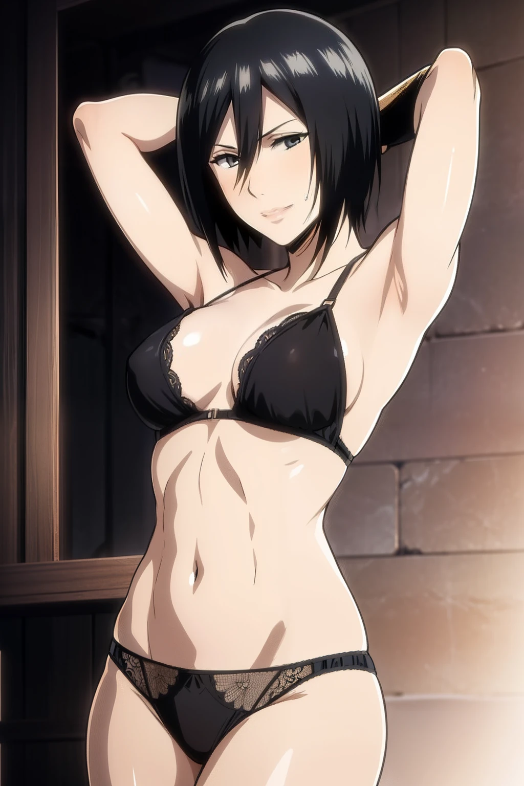 Dazzling, Armpits, intricate detailes, 1girl in, Mikasa Ackerman, (A dark-haired:1.3), hair between eye, short-haired, sideburns, s lips, shut, Yui, s lips, masterpiece, best qualtiy, , Bathing, hason, Baezon, Black eyes, , Black eyes, muscle, medium breasts, smil、Black underwear、Lace underwear、Lace erotic underwear figure